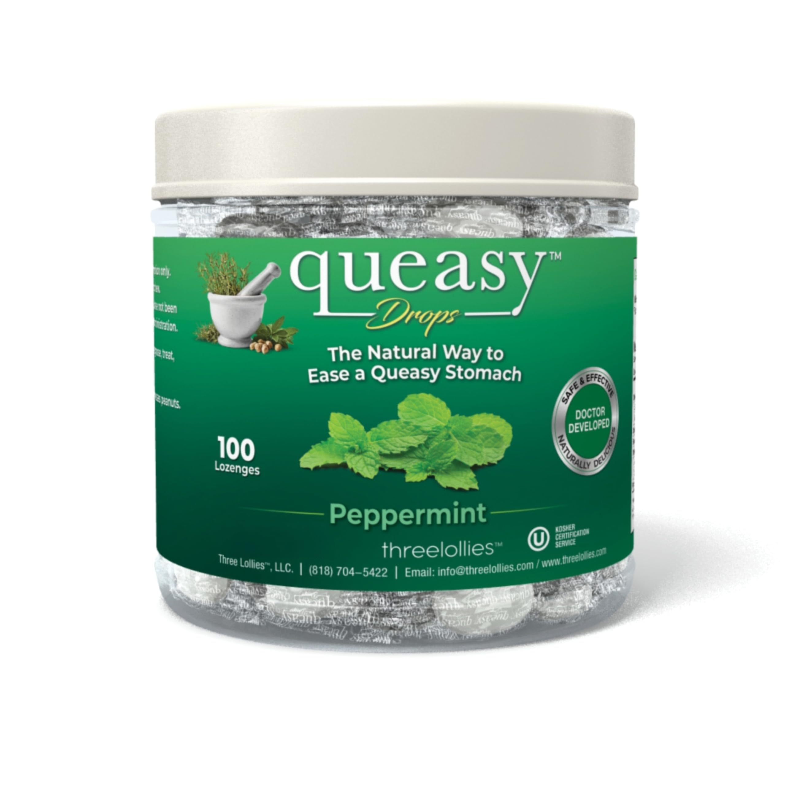 Three Lollies Queasy Drops - Natural Peppermint Flavor - Relief from Chemotherapy Nausea &amp; Travel Sickness - Alleviates a Dry Mouth - Non-Drowsy - Natural Ingredients - 100 ct