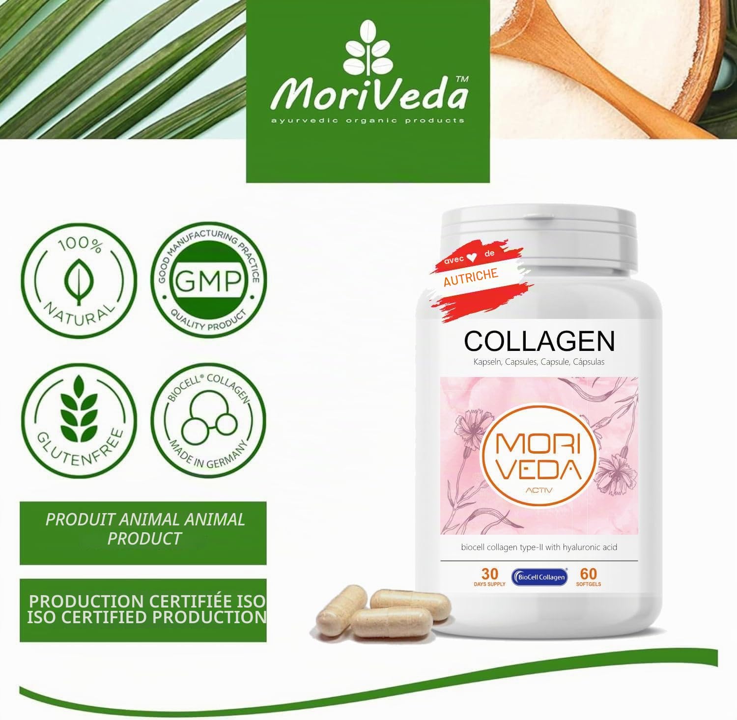 MoriVeda BioCell Collagen gélules, 2 x 60 unités, collagène de type II avec acide hyaluronique et chondroïtine, pour la peau, les articulations et les tissus conjonctifs, certifié ISO