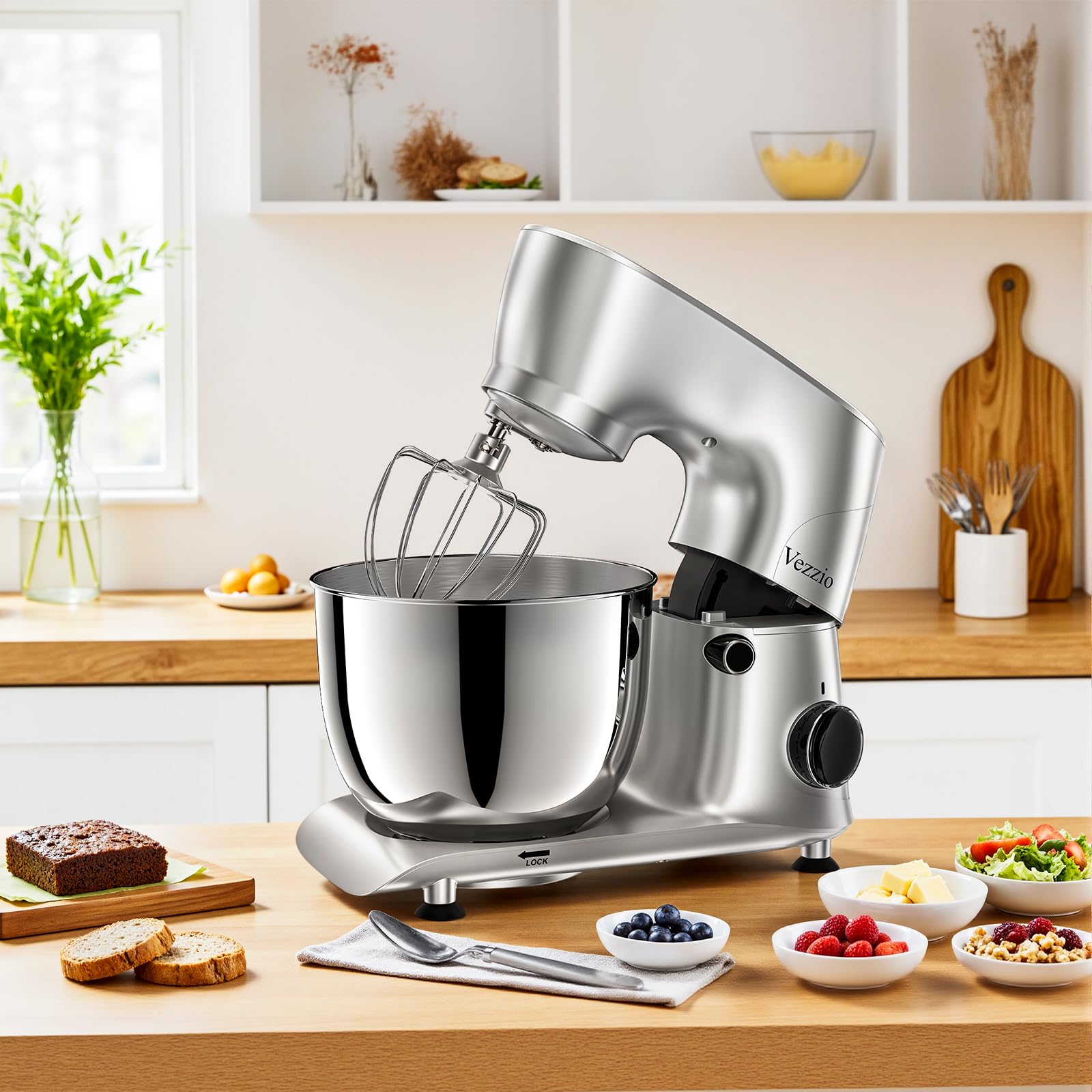 Vezzio Batidora 1500W con Tazón 5.5QT Acero Inoxidable, 10 Velocidades, Gancho/Batidor/Protector, Apt. Lavavajillas para Repostería Casera y Profesional (Plata)