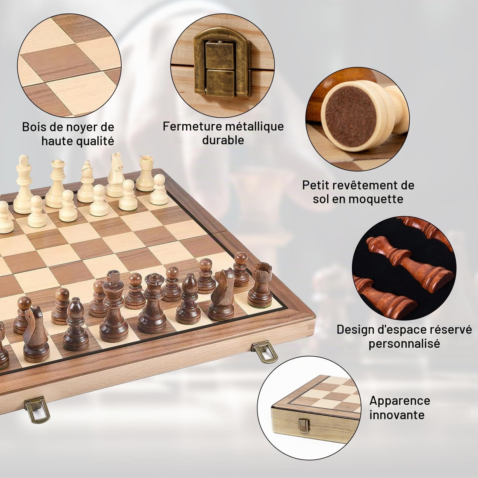 Jeu d'échecs magnétique Pliable en Bois 39 cm Échiquier 2 en 1 Portable