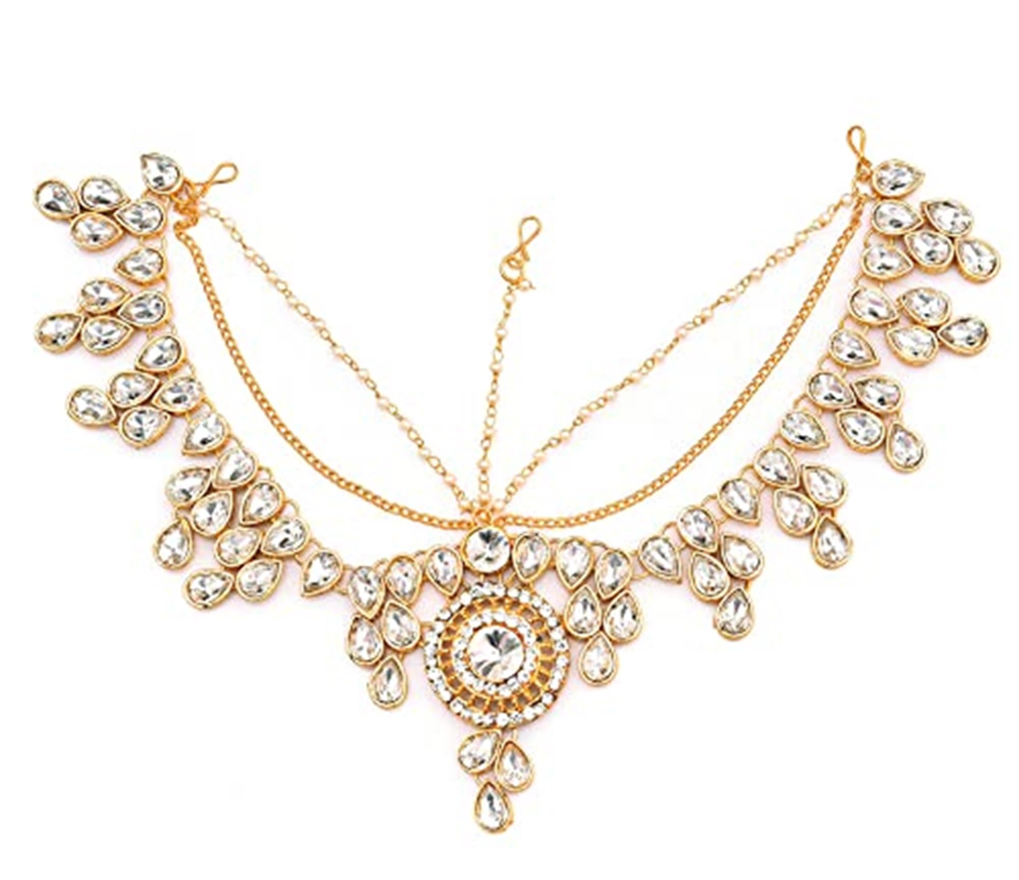 Handicraft Kottage Latest Hair Jewelry Traditional White Pearl Stone Maang Tikka Jewellery | Chain Mathapatti | Bridal tika Jewellery Set for Women & Girls | Maang Tikka for Women