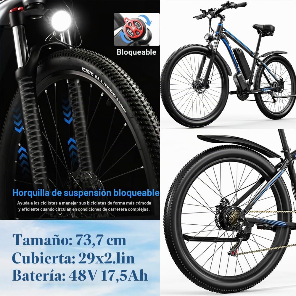 Bicicleta eléctrica para adultos E8, bicicleta de montaña de 29 pulgadas, batería extraíble de 48 V, 17,5 Ah, bicicleta de carretera con 21 velocidades