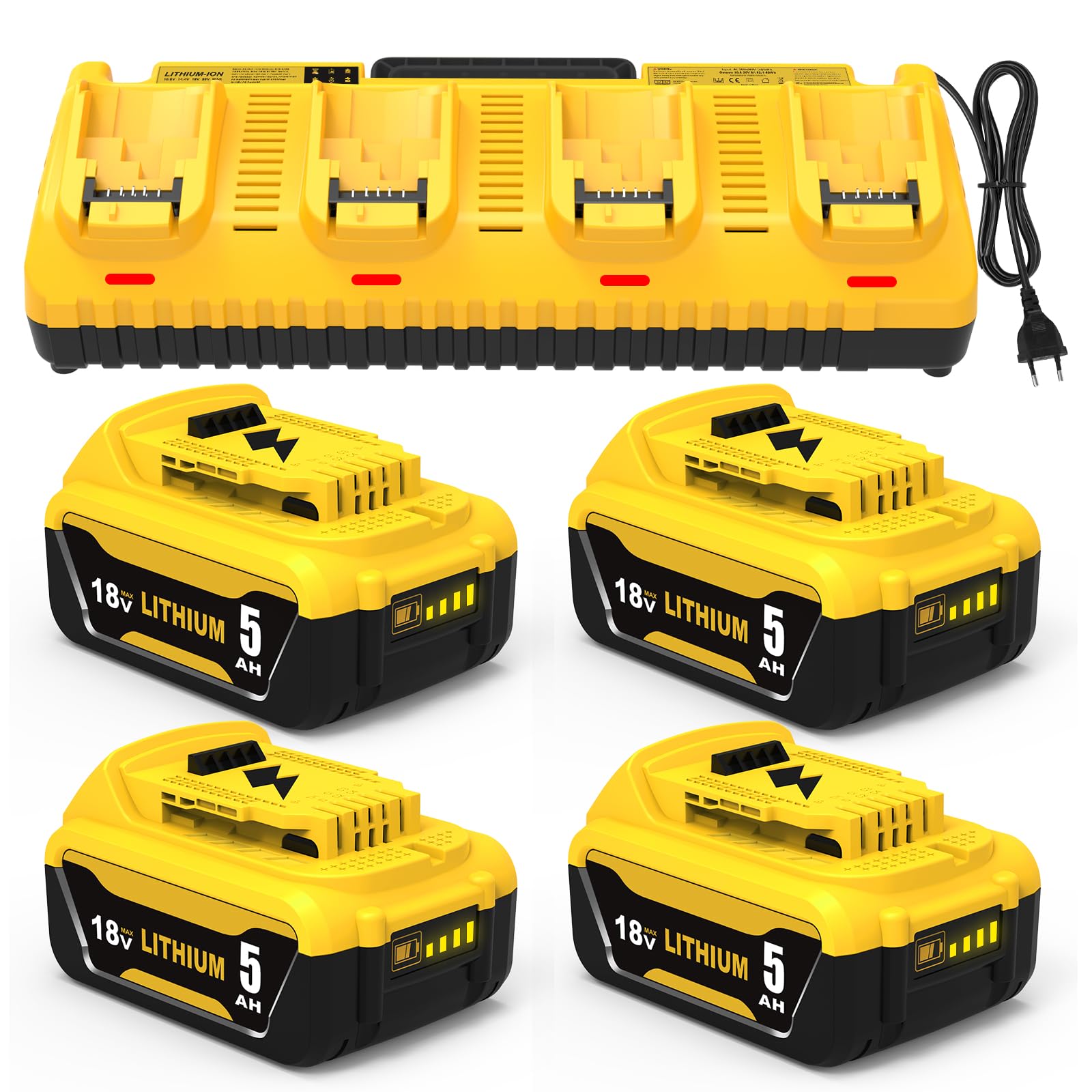 4 X 5,0 A de Repuesto para Dewalt batería 18 V y 1 X Cargador de 4 Puertos 10,8-20 V DCB104