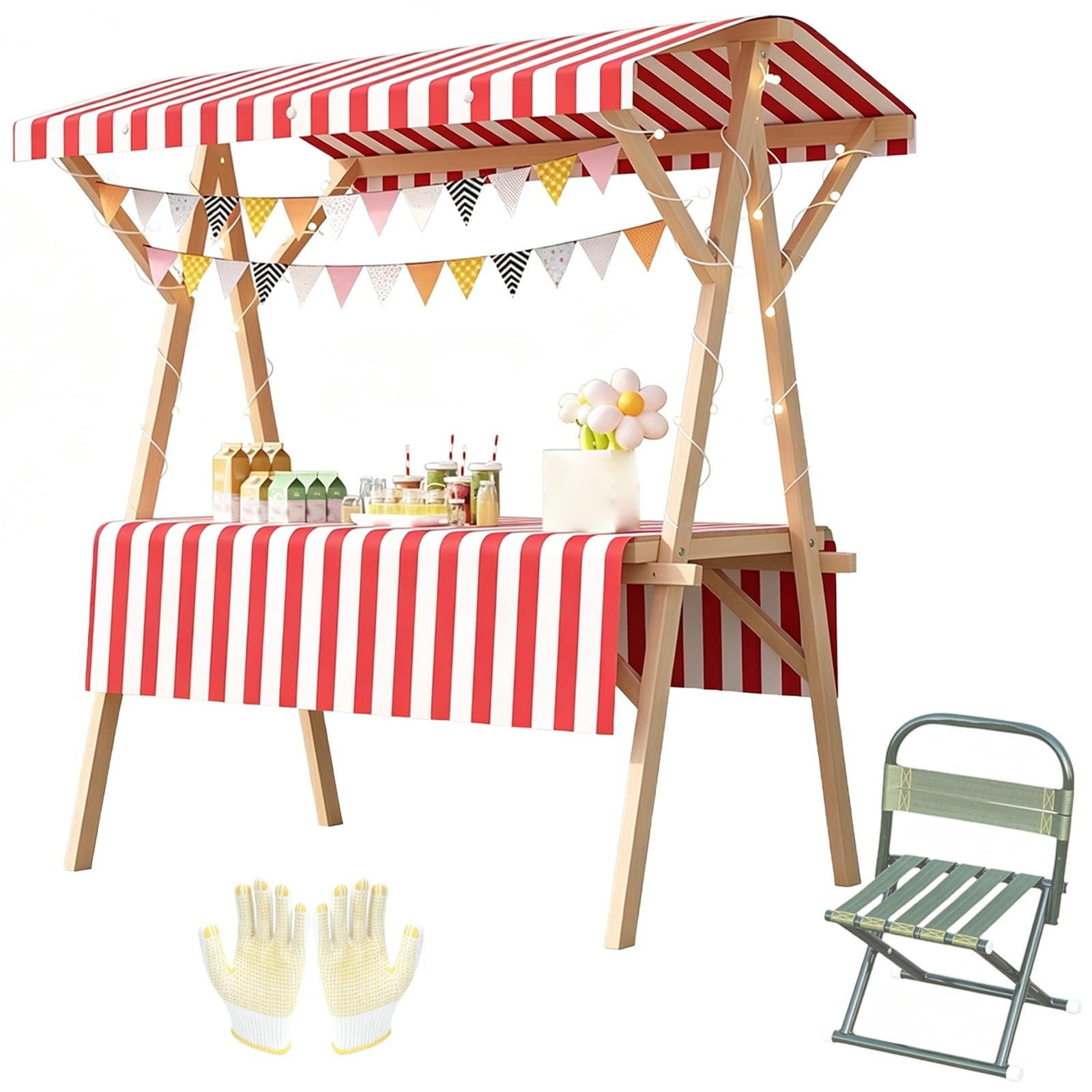 Wooden Market Stall vendor Cart with Striped Canopy, Foldable Vendor Booth with Wheels, Chair for Flea Market, 660lbs Load(Red,114x60x190cm/45x24x75in)
