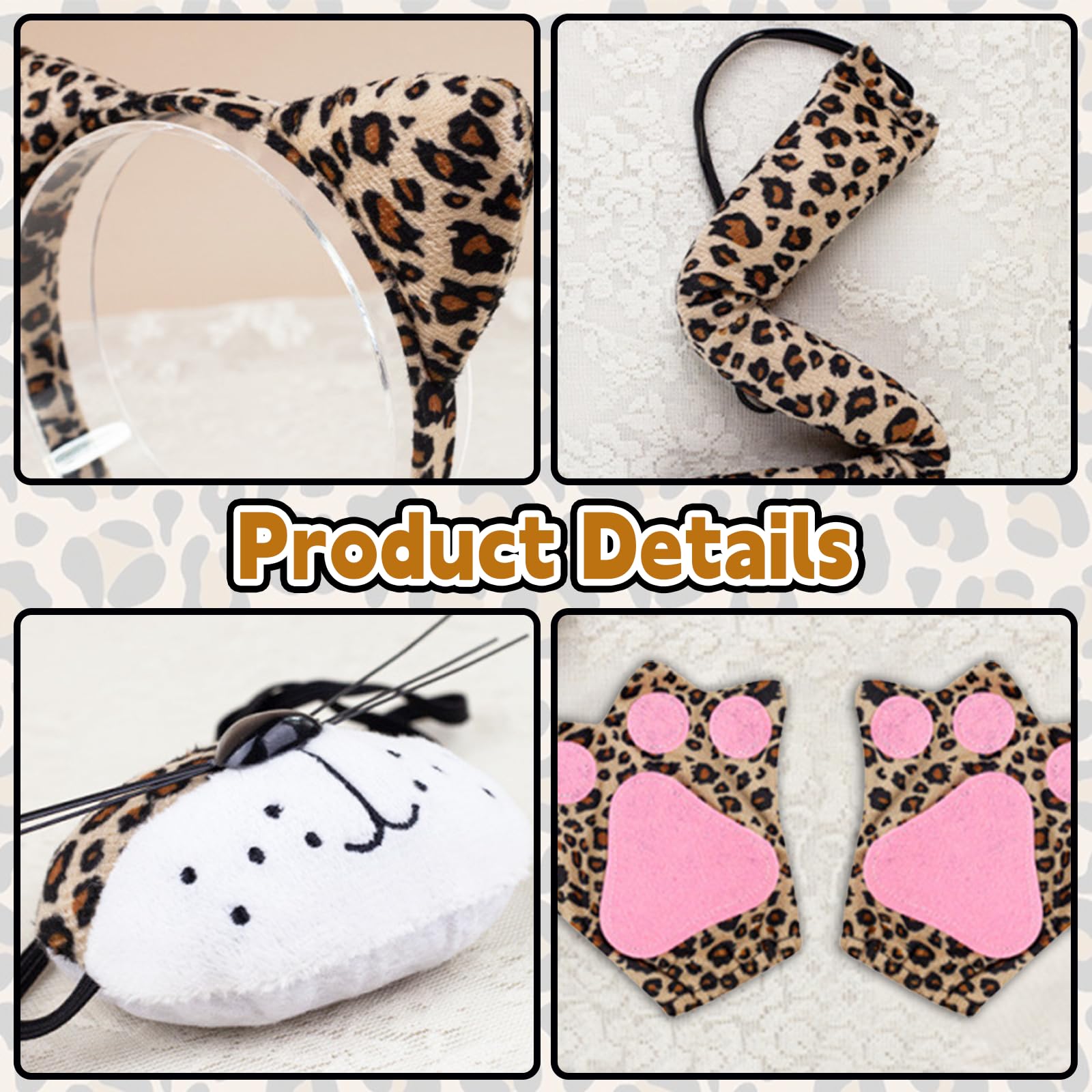7 Pcs Leopard Costume Set, Animal Costume with Leopard Face Sticker Headband Bow Tie Nose Tutu Skirt Gloves Tail - Image 4