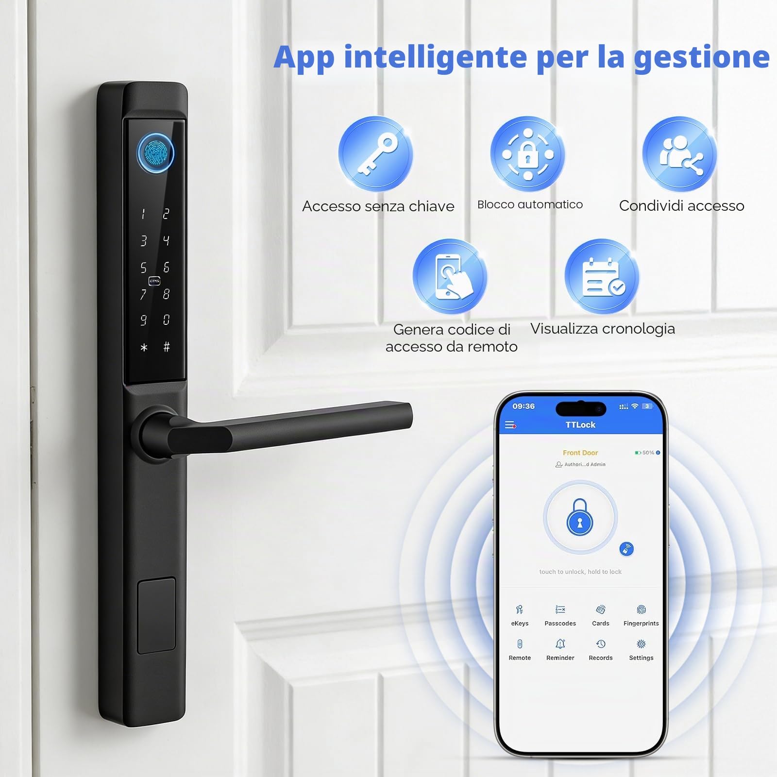 Serratura intelligente per porta con impronte digitali, serratura intelligente per porta di casa con maniglia e tastiera touch, sensore di impronte digitali a semiconduttore, RFID/APP/Codice