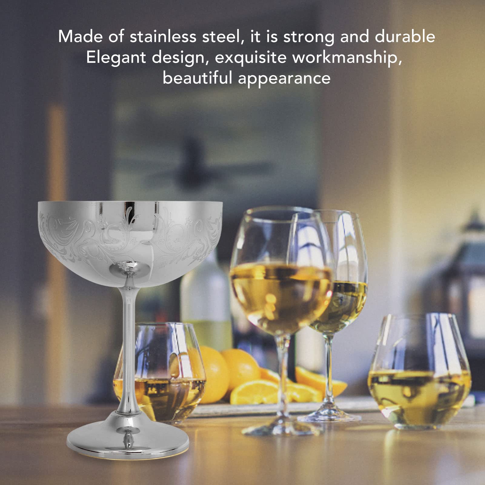 Metal Martini Glasses, Metal Champagne Glass Stainless Steel Martini Glasses Engraved Goblet Cocktail Glasses Martini Goblets Glasses(Silver Flower) - Image 2
