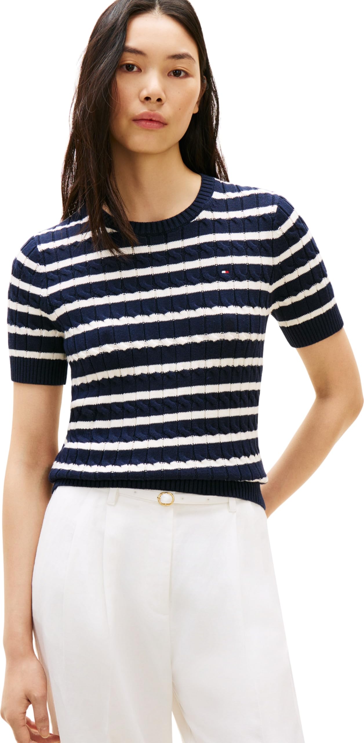 Tommy Hilfiger Women's Knitted Jumper, Multicolor (Dark Night Navy/Ivory Petal STP), L