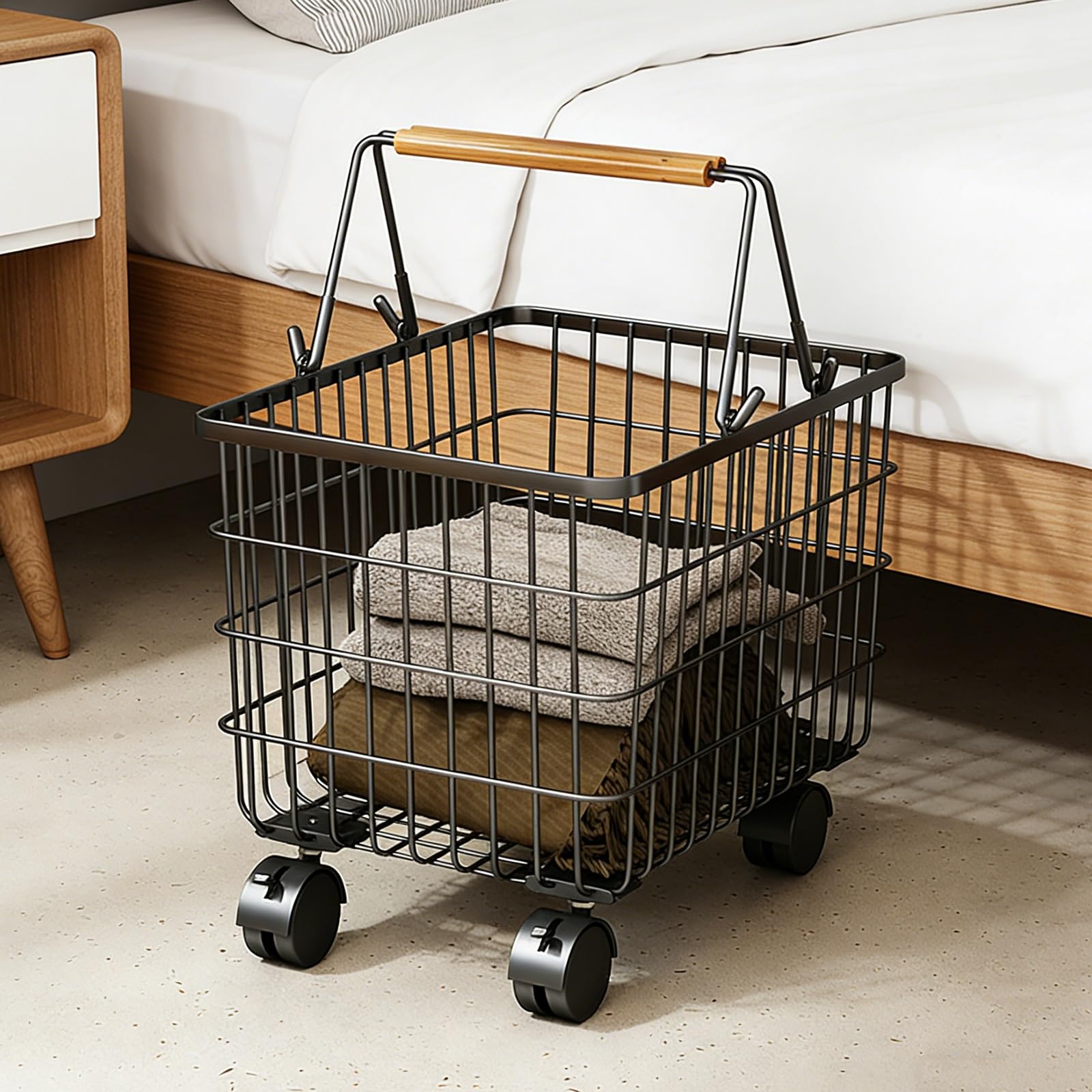 SFSLBFB Rolling Laundry Hamper with Wheels, Portable Metal Basket, Breathable Design for Easy Storage, Movable Cart for Bathroom or Living Room