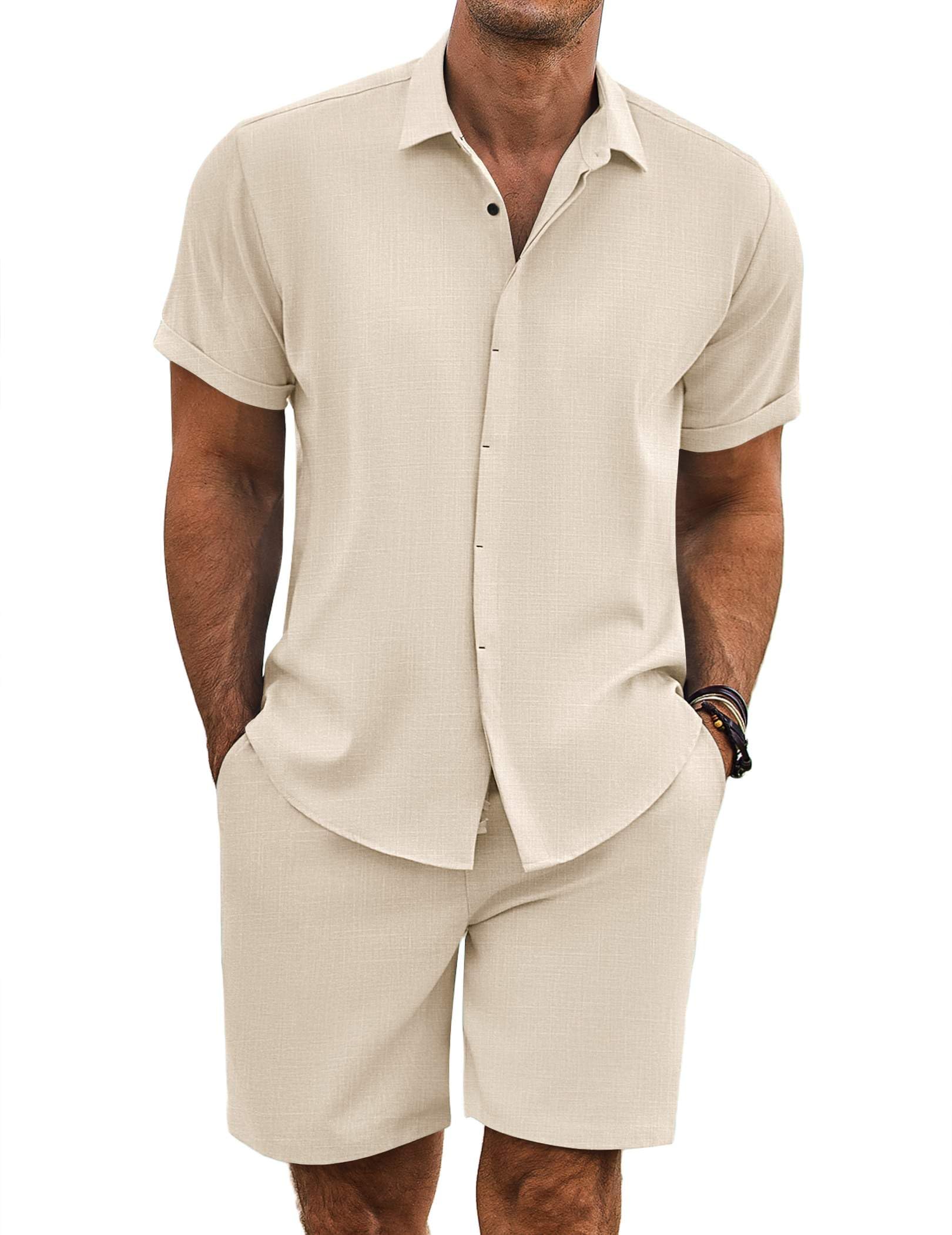 COOFANDY Men's Summer Beach Outfits 2 Piece Short Sleeve Shirts and Shorts Vacation Texture Linen Sets for Men