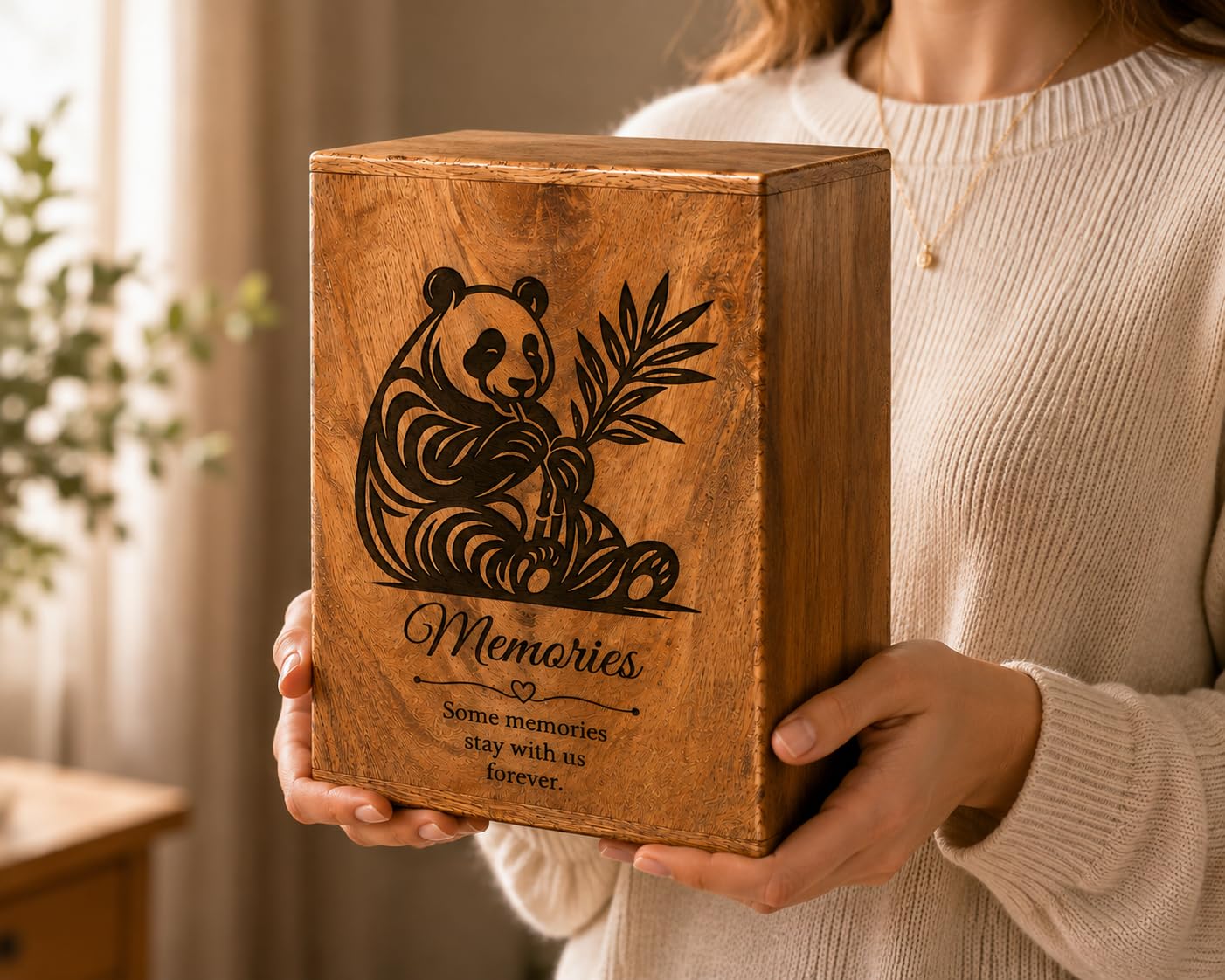 Urna funebre in legno per ceneri umane, realizzata a mano, con design con panda, in legno massiccio, per ceneri di adulti, scatola dei ricordi per la casa