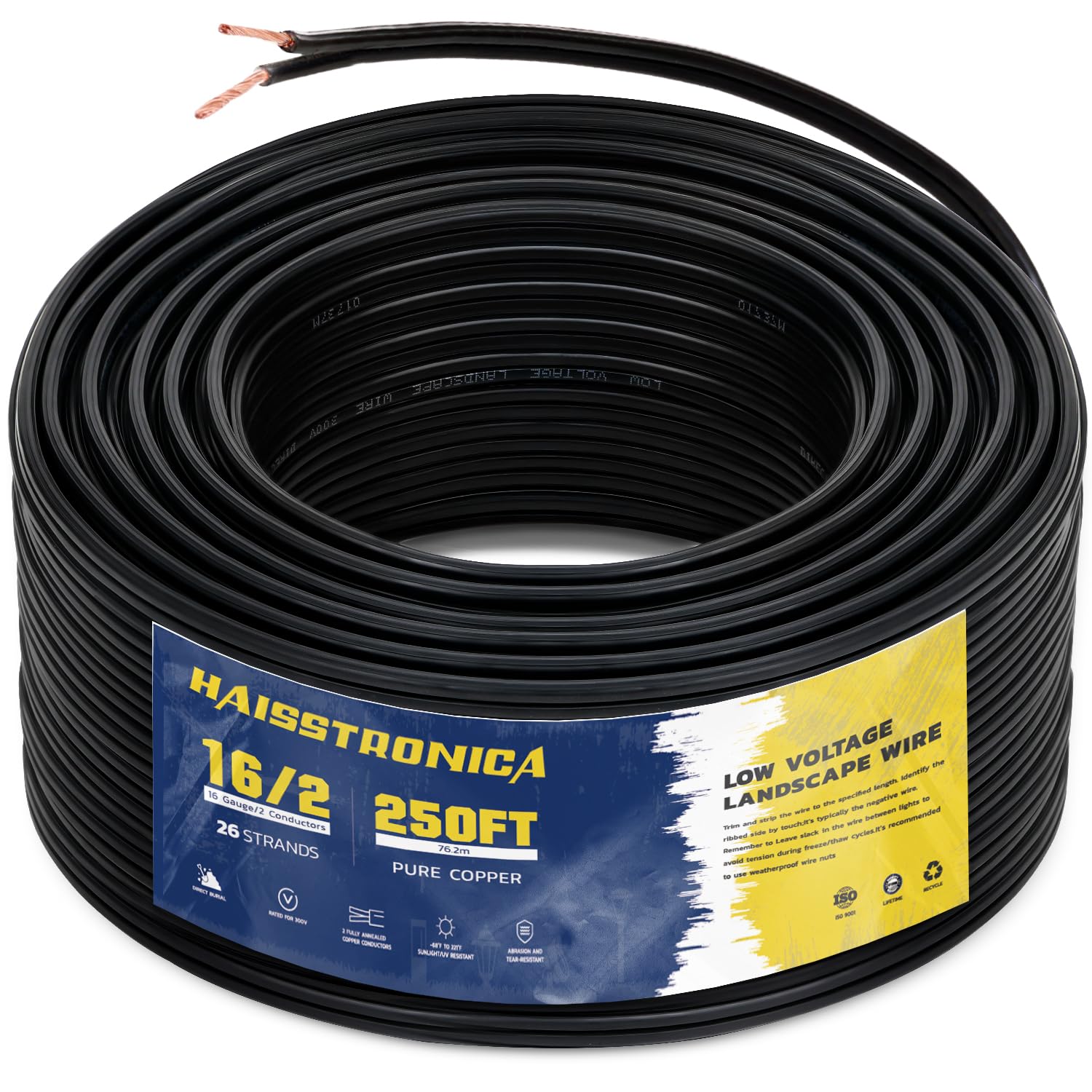 haisstronica 16/2 Low Voltage Landscape Wire 250ft - Copper Direct Burial Waterproof Cable for Landscape Lighting, Outoor Pathway Lights & Garden LED,UL Listed,UV Resistant