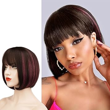 Sofeiyan Short Straight Bob Wigs with Bangs 11 inch Synthetic Daily Party Cosplay Hair Wig for Black Women, Brown & Red Violet