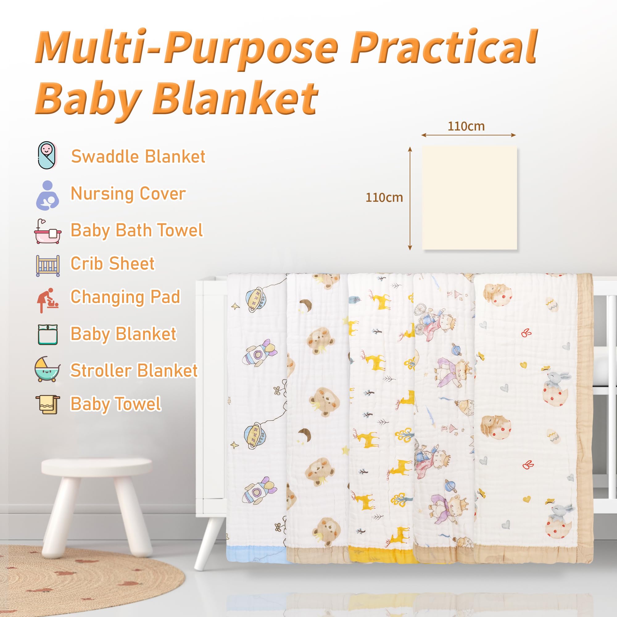 Coperta In Mussola Di Cotone 150x110cm | Telo Multiuso Per Neonati | 2 Strati Con Stampa Animali - Foto 4