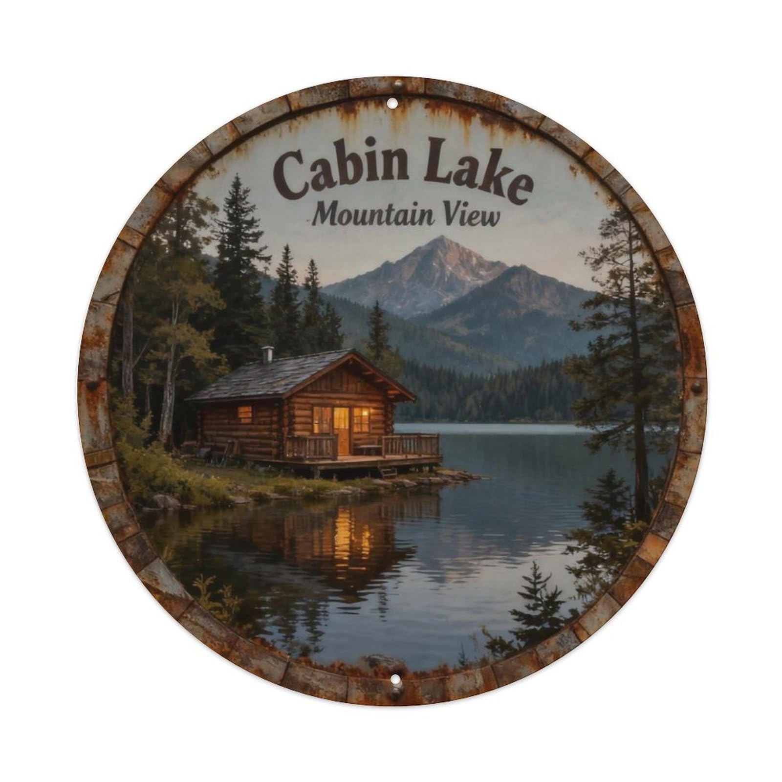Cabin Lake Mountain View Metal Tin Sign Plaque