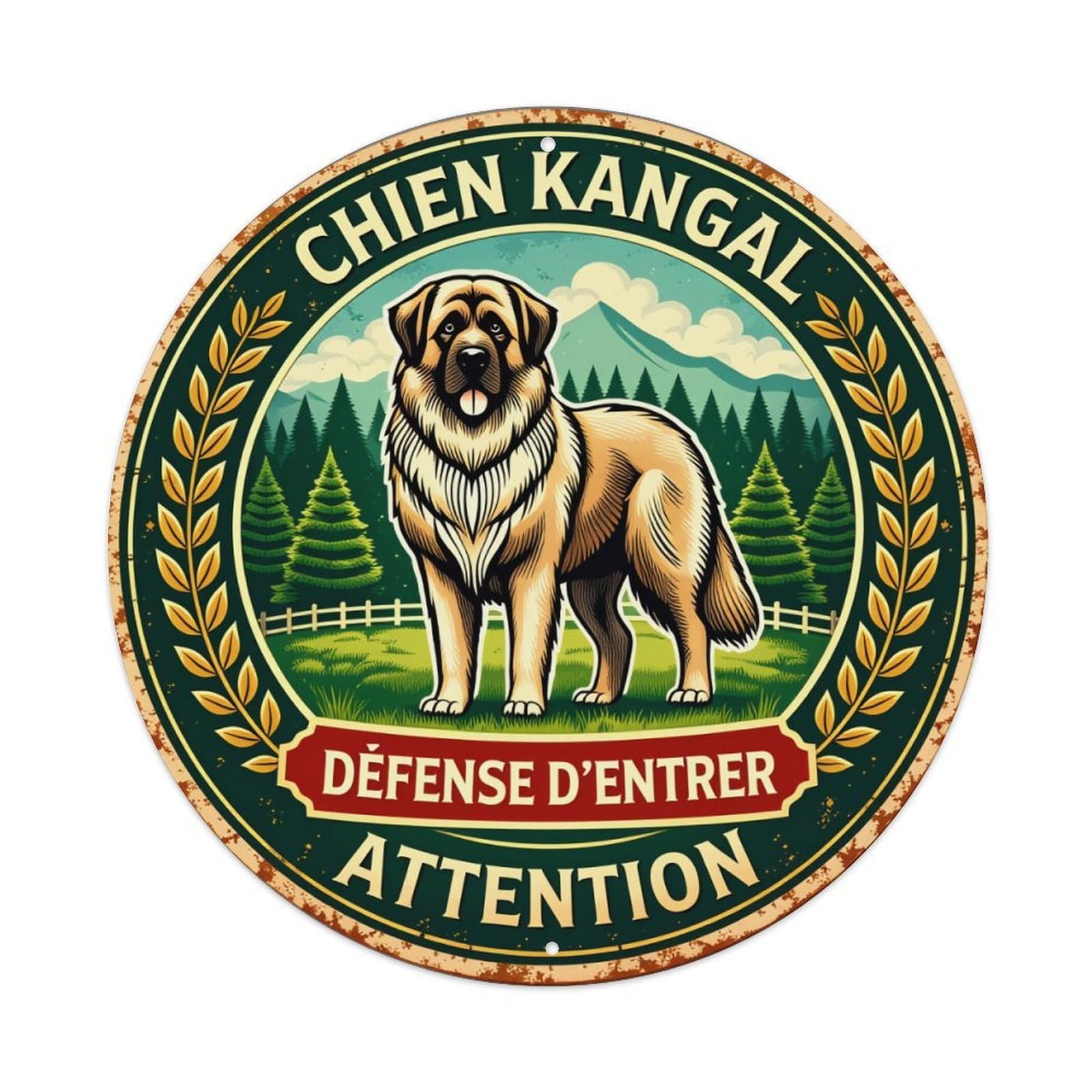 Chien Kangal Defense D Entree Attention Vintage Round Tin Sign Retro Metal Wall Decor Metal Poster, Home Bar Garage Cafe Wall Art Decoration 8x8Inches