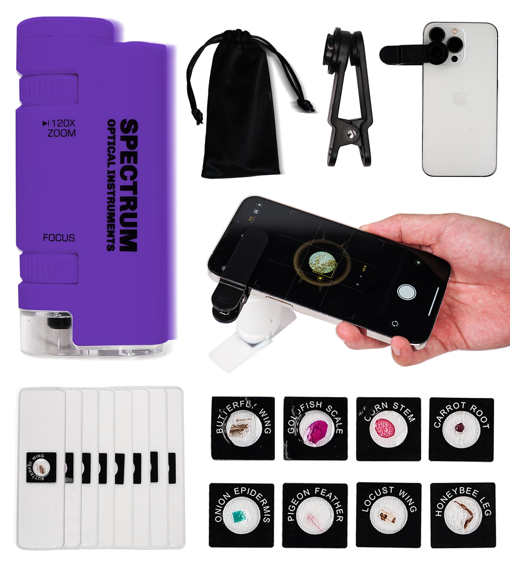 Pocket Microscope for Kids,60X - 120X Portable Microscope for Kids, Handheld Microscope with 8 Spicemen Slides, Kids Microscope for Students, Purple Microscope