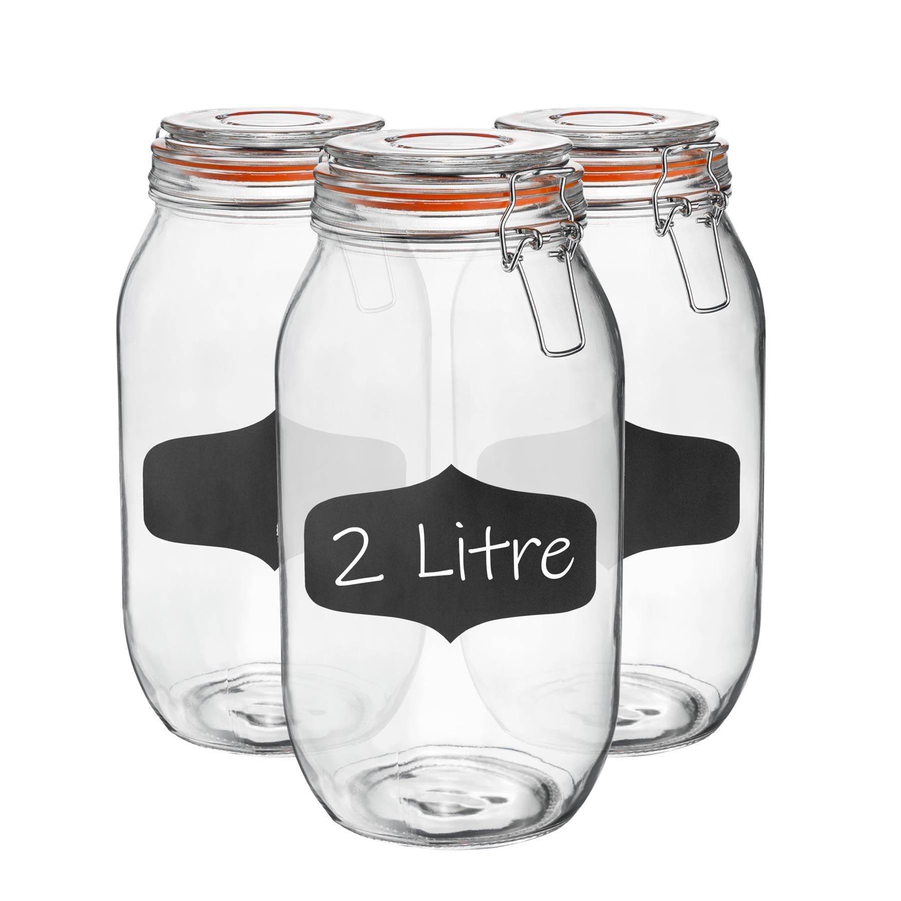 Argon Tableware Glass Jars with Airtight Metal Clip Lid & Chalkboard Stickers - 2000ml/70.3oz - 6 Pack - 4 Colour Seals - Preserving Storage Jar for Pickling, Chutney, Jam, Coffee, Biscuit