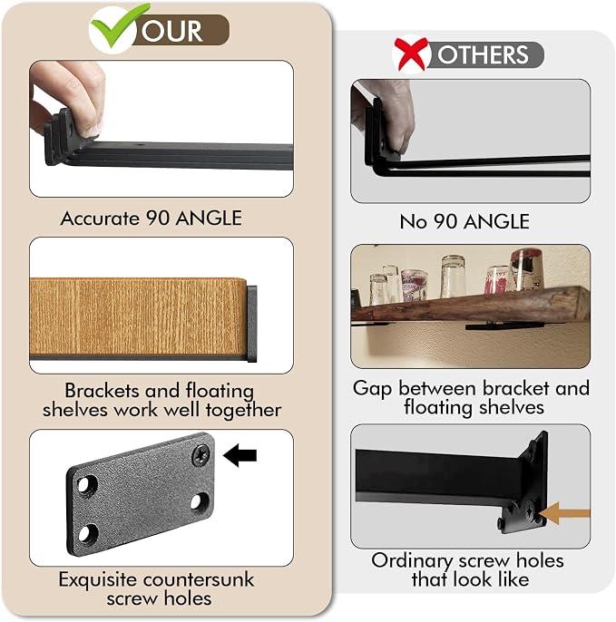 6 Pack Heavy Duty Metal Shelf Brackets 6 inch Long, Black | Soportes de Estante Metálicos en L, Ocultos y Decorativos, 1/5” de Grosor, Capacidad de 150 lbs miniatura 4
