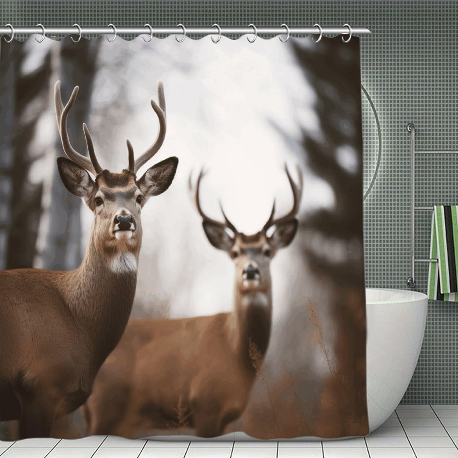 FekiLoot Deer Shower Curtain with Hooks Modern Farmhouse Bathroom Curtain Waterproof Cloth Bath Curtains Cute Washable Blackout Privacy Curtains for Bathroom Bathtub 70.8"x70.8"