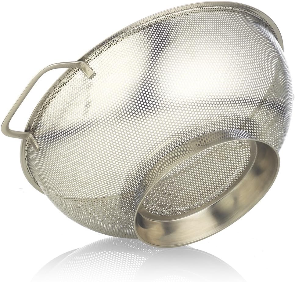 Stainless Steel Colander, 5 Quart Size ~ Microperforated Kitchen Strainer for Pasta, Rice, Orzo, Fruits, Vegetables & More ~ With Riveted Handles & 11.22" Diameter Bowl by SimplyHomeOnline