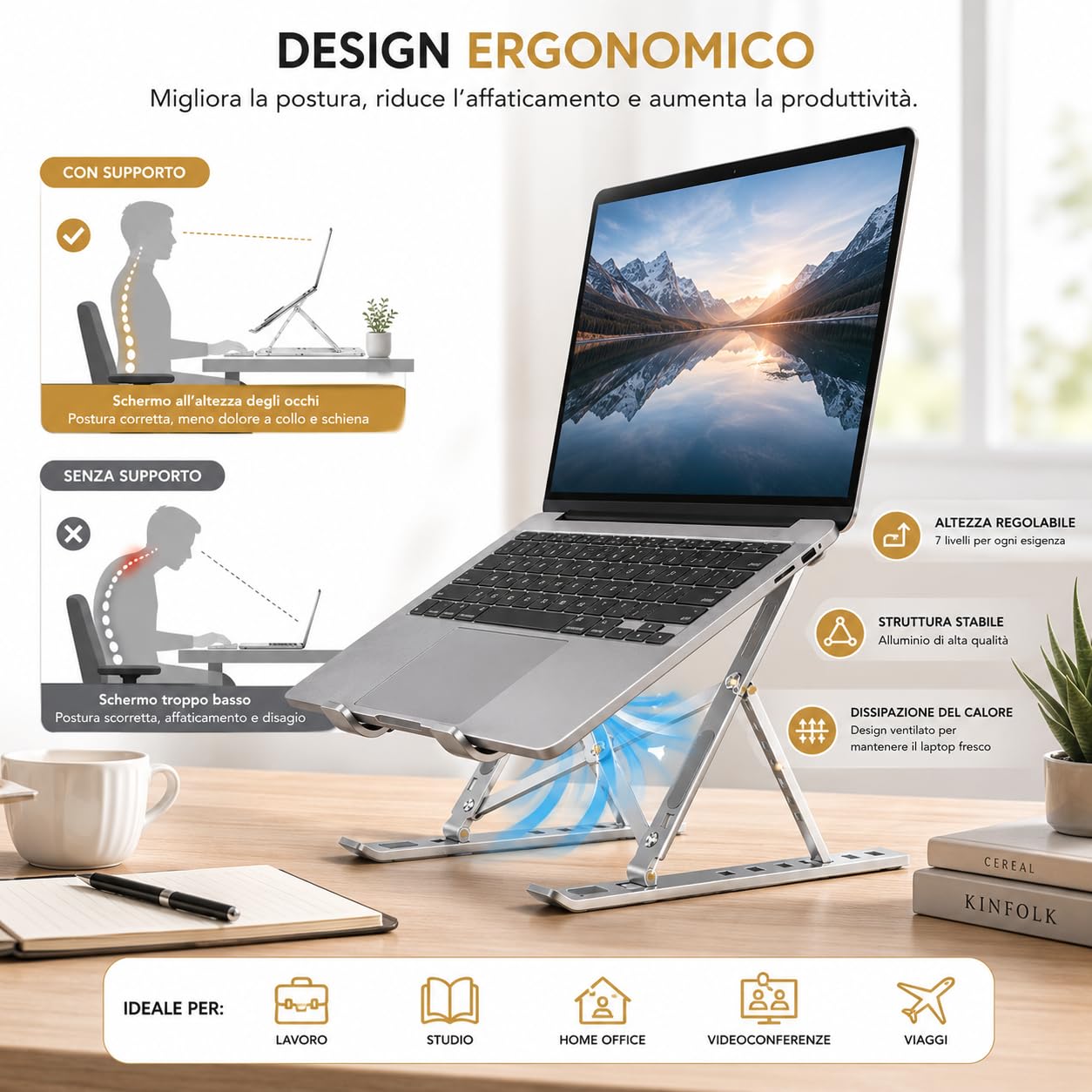 Ali Brothers Supporto per Laptop in Alluminio, Pieghevole e Portatile, Regolabile a 7 Livelli, Antiscivolo, Grigio, Finitura Metallica Anodizzata (supporto da laptop)