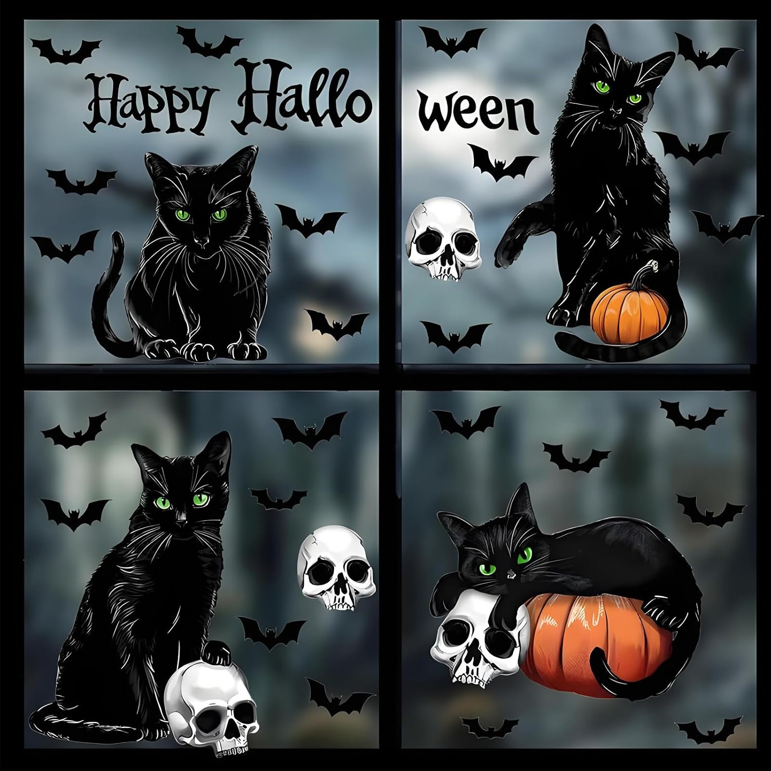 4 Sheets Halloween Static Window Clings – Black Cat, Bat, Pumpkin & Skull Stickers, No Glue Reusable PVC Decals for Windows, Mirrors, and Smooth Tile Surfaces
