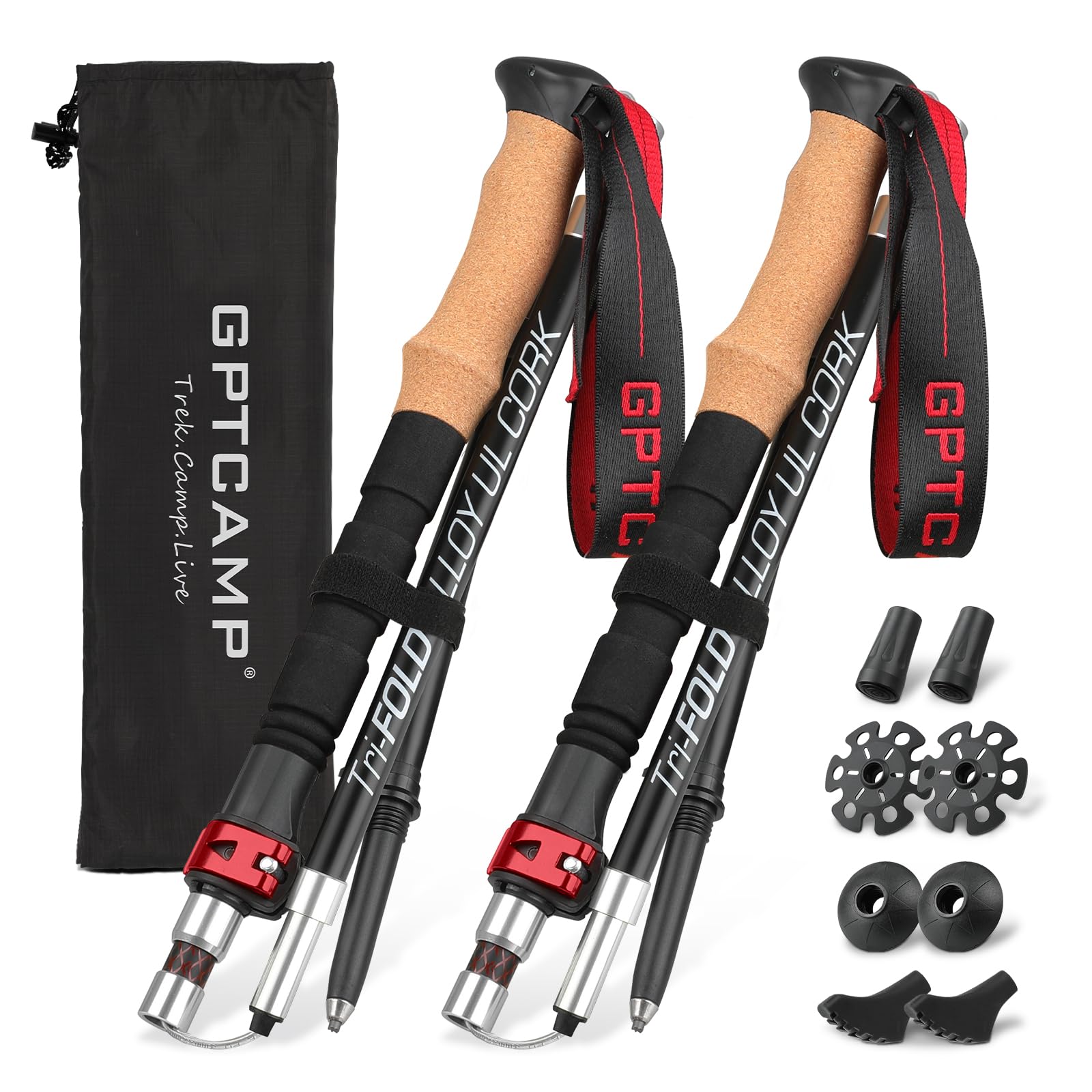 GPTCAMP Trekking Poles Collapsible Hiking Poles with Cork EVA Handle, Ultralight Aviation Aluminum Alloy 7075 Trekking Sticks with Quick Lock System for Senior Women and Men 2pc Set