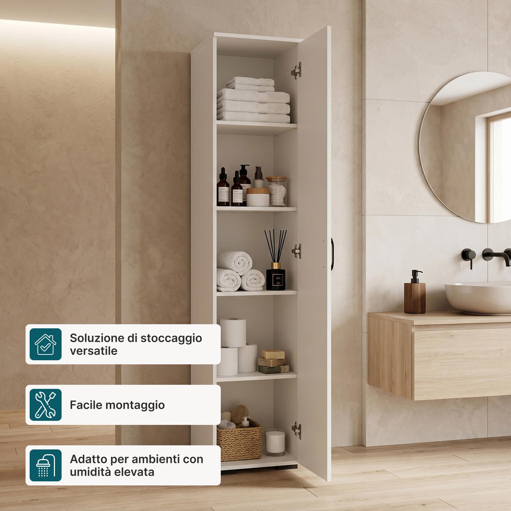 [en.casa] Armadio Multifunzionale con Anta Bianco 175x37x35 cm | Mobile Alto Contenitore 5 Ripiani Scomparti Bagno Cucina Lavanderia Camera da Letto Asciugamani Alimenti