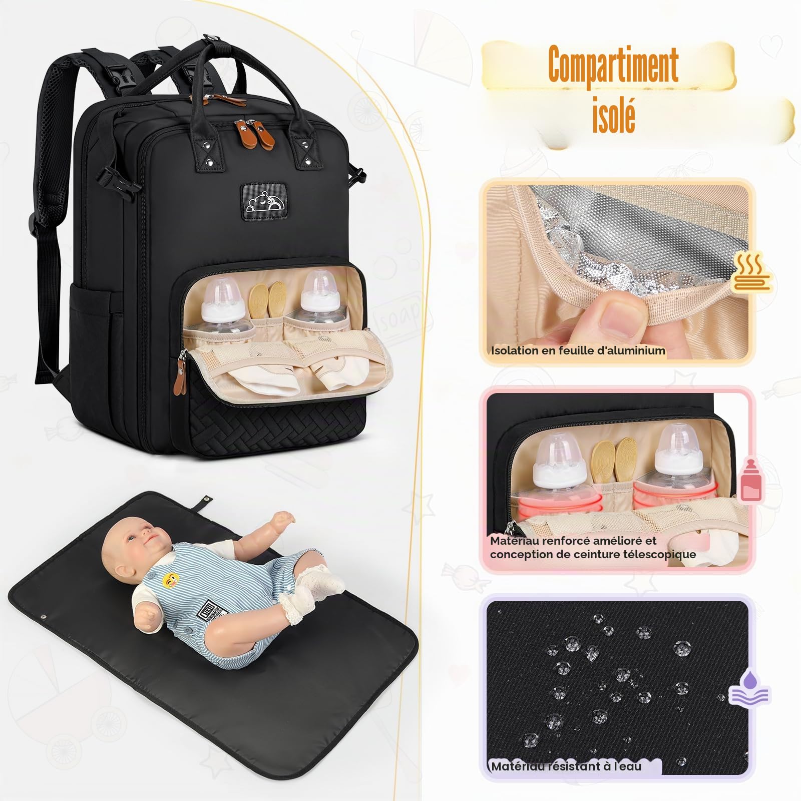 RAINSMORE Sac a Langer Bebe Grand Sac a Langer avec Matelas à Langer et Détachable Sacs Bandoulière Multifonction Imperméable Sacs a Dos a Langer Bebe pour Maman ou Papa Noir