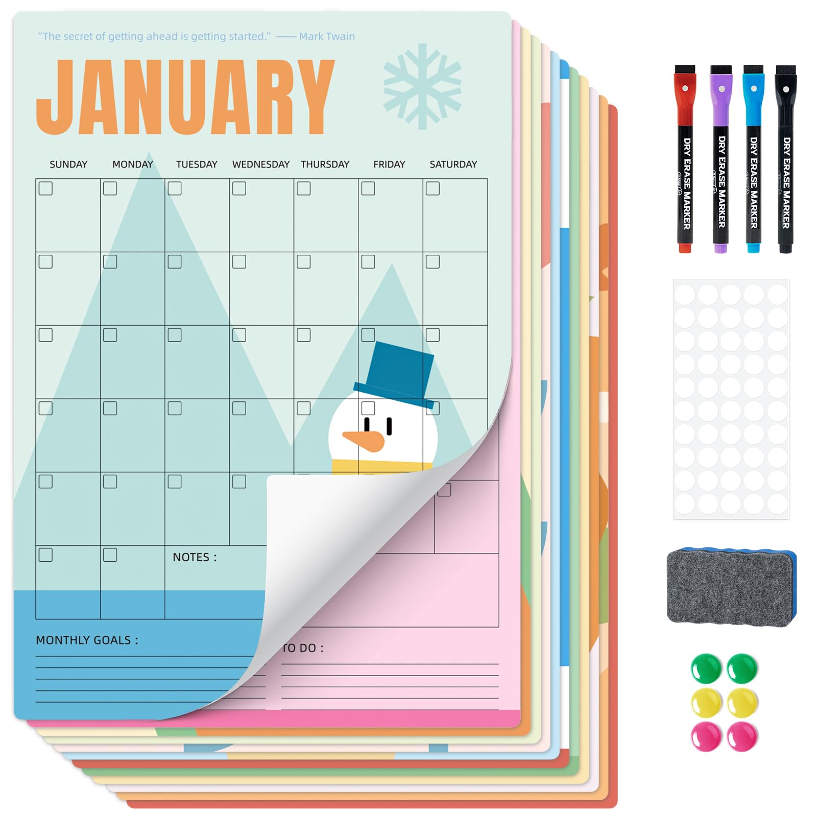 Ospelelf Undated Dry Erase Wall Calendar 12 Month, 12" x 17" Laminated Calendar Monthly Office Calendar 2026, 12 Sheets