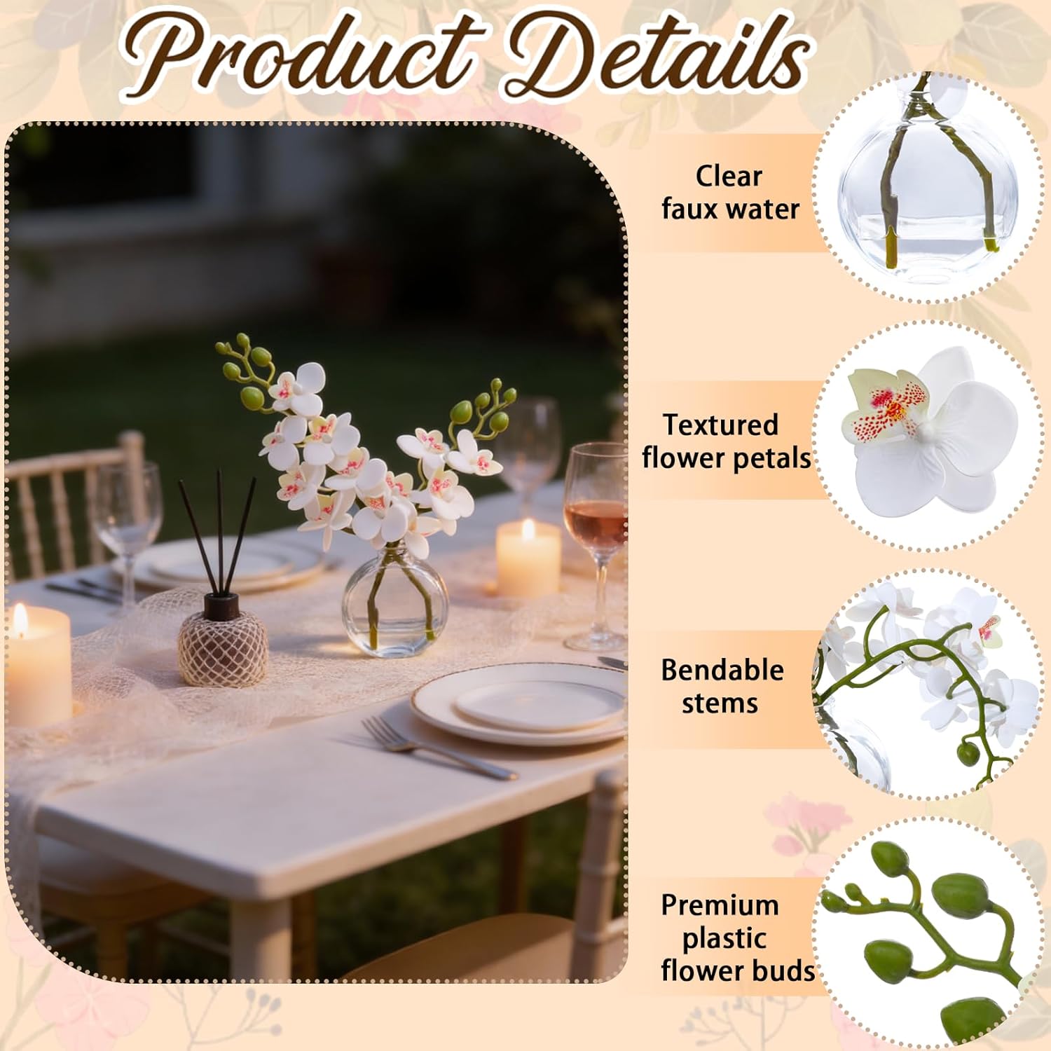 2PCS White Orchid Artificial Flowers Fake Flowers Small Fake Plant Table Shelf Decor Flower with Vase Fake Water