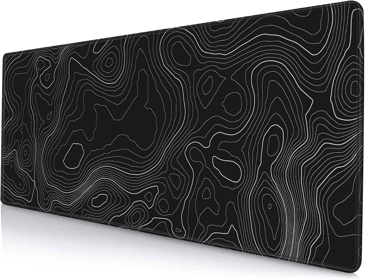 Alfombrilla de ratón para juegos, alfombrilla de ratón topográfica grande para escritorio, base de goma antideslizante, alfombrilla de ratón para teclado, alfombrilla de escritorio con bordes cosidos, 31.5 x 11.8 pulgadas, líneas geográficas negras