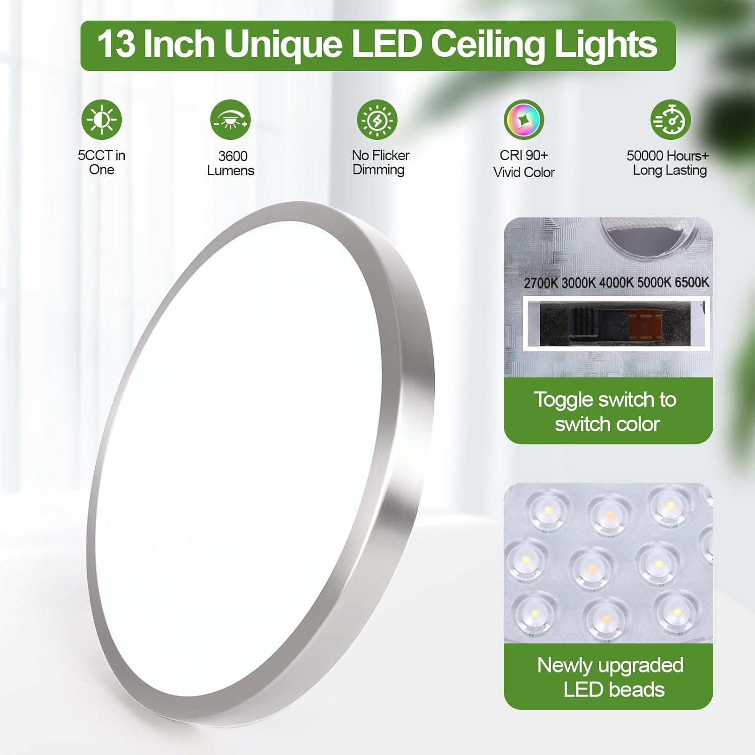 2-Pack 36W Dimmable LED Ceiling Light Fixture, 13 inch 3600lm Super Bright Modern Flush Mount Light Fixtures, 2700K/3000K/4000K/5000K/6500K Adjustable Brushed Nickel Ceiling Lamp for Bathroom Bedroom