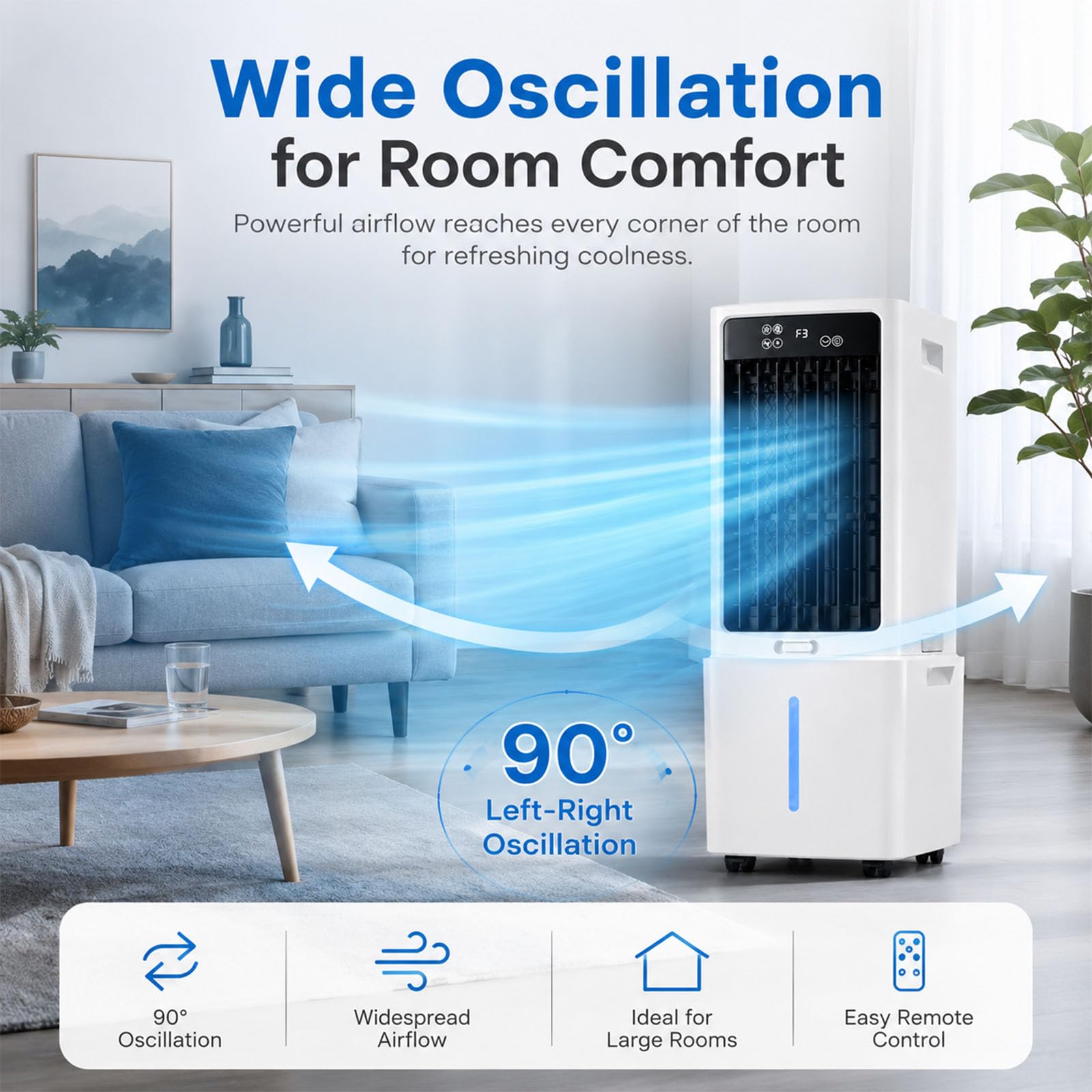 Rinfrescatore Evaporativo 12L, Ventilatore Silenzioso ad Acqua con Telecomando Slim, Climatizzatore d'Aria da Stanza con Serbatoio Estraibile, Timer 12 Ore, per Soggiorno, Letto e Mansarda