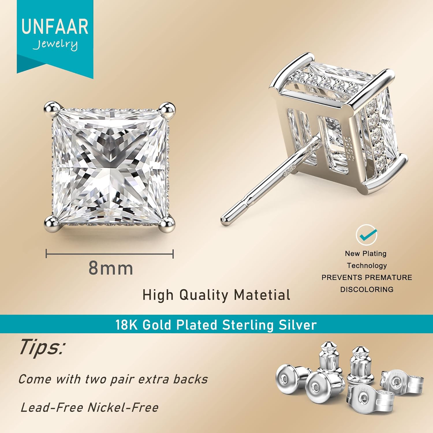 18K White Gold Plated Sterling Silver Princess Cut Cubic Zirconia Stud Earrings Square CZ Diamond Stud Earrings for Women Men Hypoallergenic - Image 6