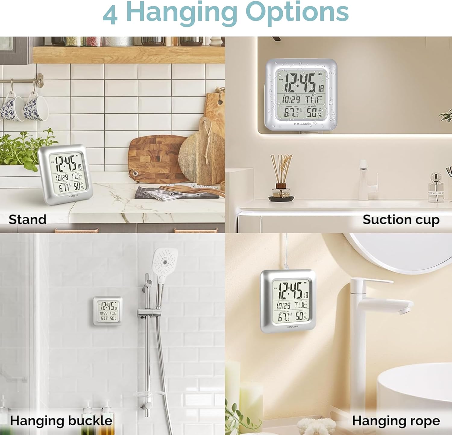 KADAMS Bathroom Clock 9.5 Kitchen Wall Clock with Large LCD Screen – Shower Clock with Suction Cup,Temperature, Humidity, Calendar – Water-Resistant, 4 Mounting Options, Silver