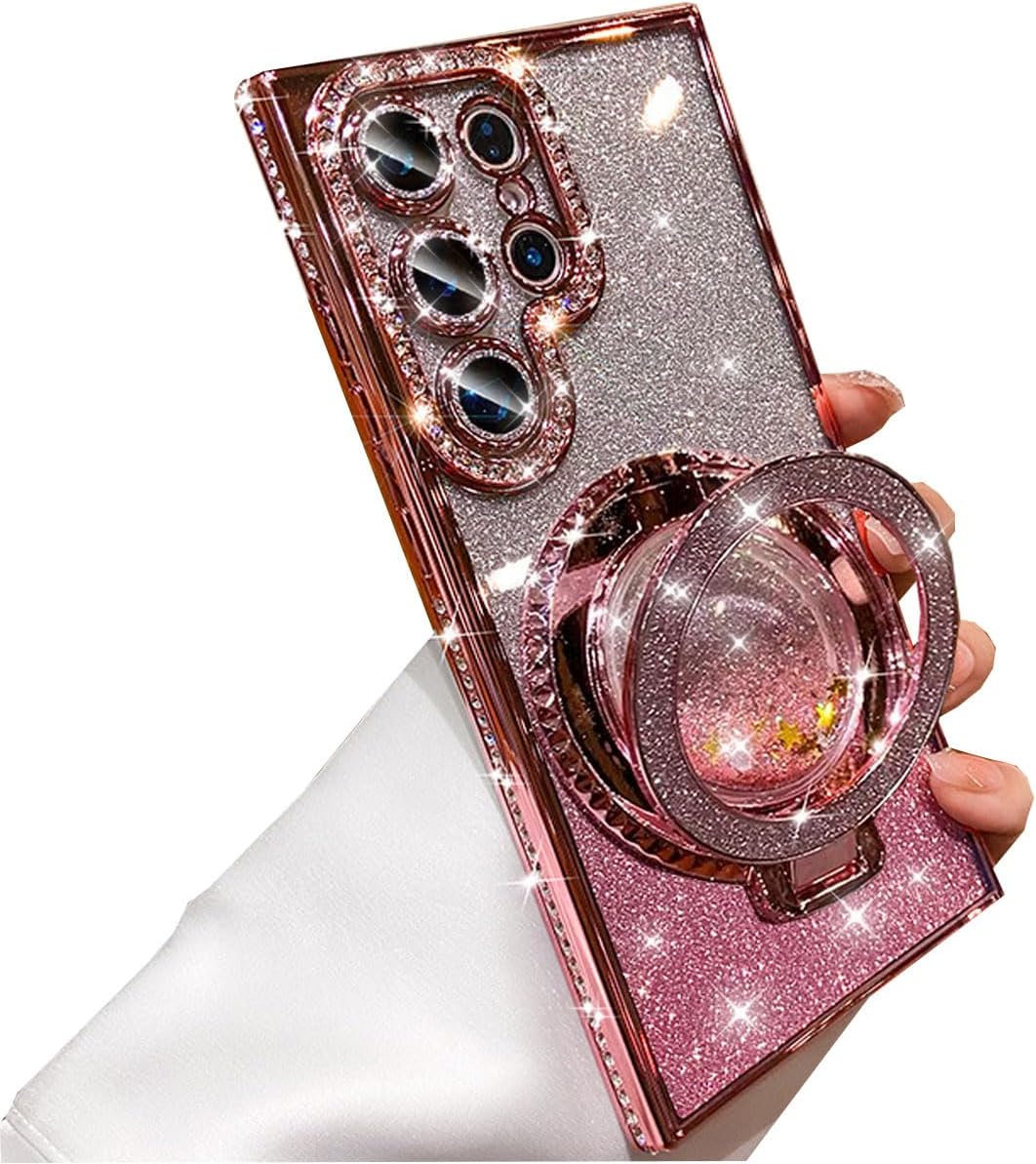 for Samsung Galaxy S25 Ultra Case with Glitter Kickstand,Cute Bling Sparkly Rhinestones Phone Case, Glass Camera Lens Protector,Flowing Liquid Ring Stand for Samsung S25 Ultra (Pink)