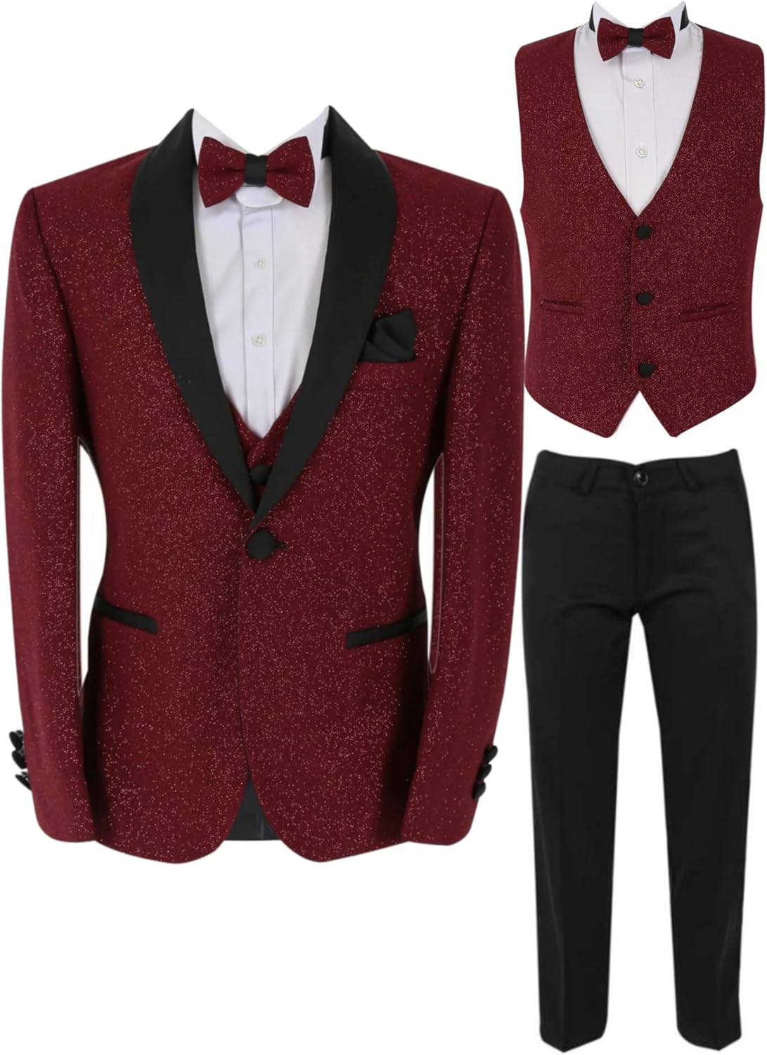 Boys Shimmer Tuxedo Suit Glittery Wedding Prom Performace Party 6 Piece Set