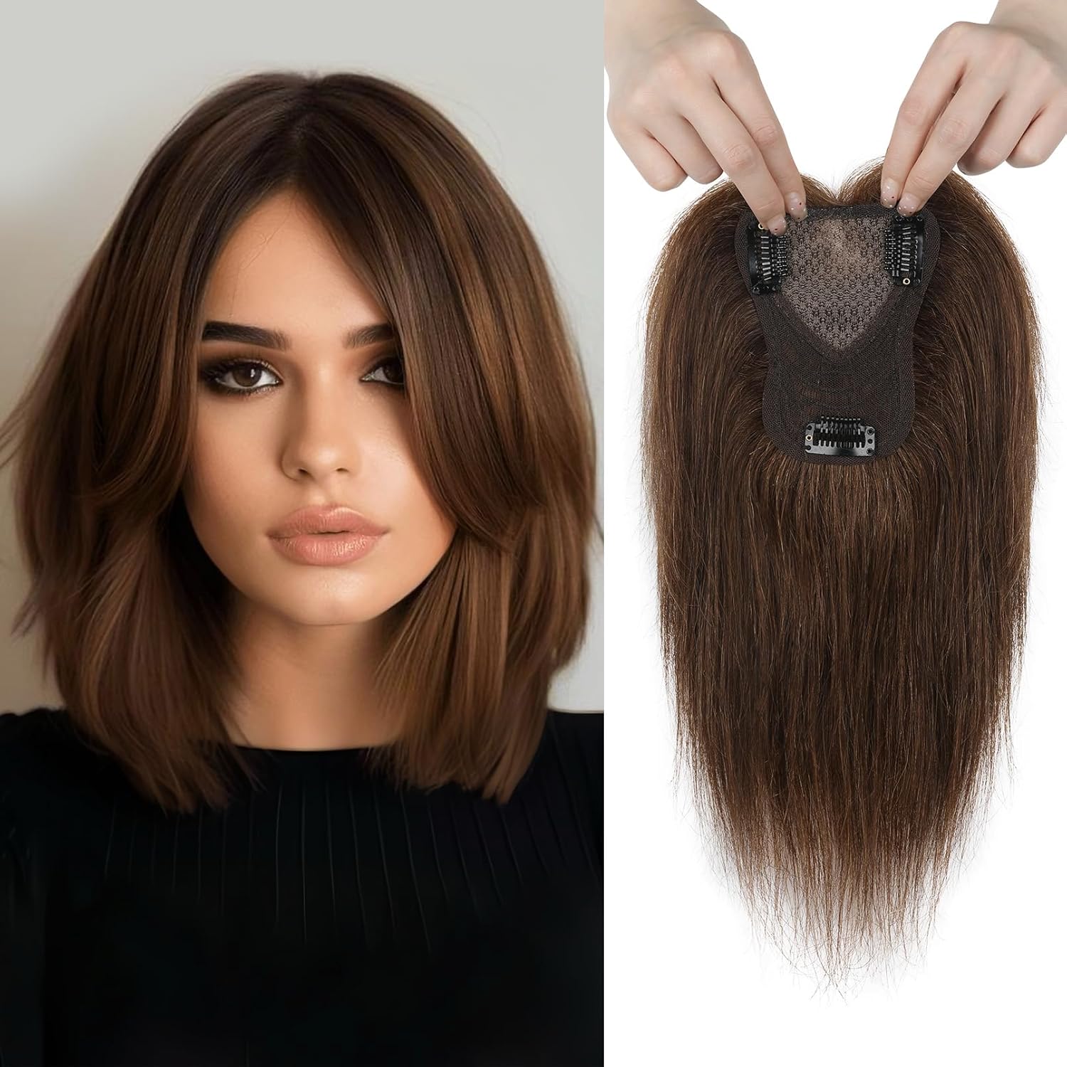 REECHO Real Human Hair Topper, 10 inch Women Hair Toppers for Thinning Hair, 100 Percent Human Hair Large Coverage Natural Hairpiece Wiglet, Swiss Base 4.5"x3.5", Medium Brown