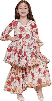 NaixaGirls Rayon Fabric Floral Printed 3/4 Sleeve Sharara Dress Set, White