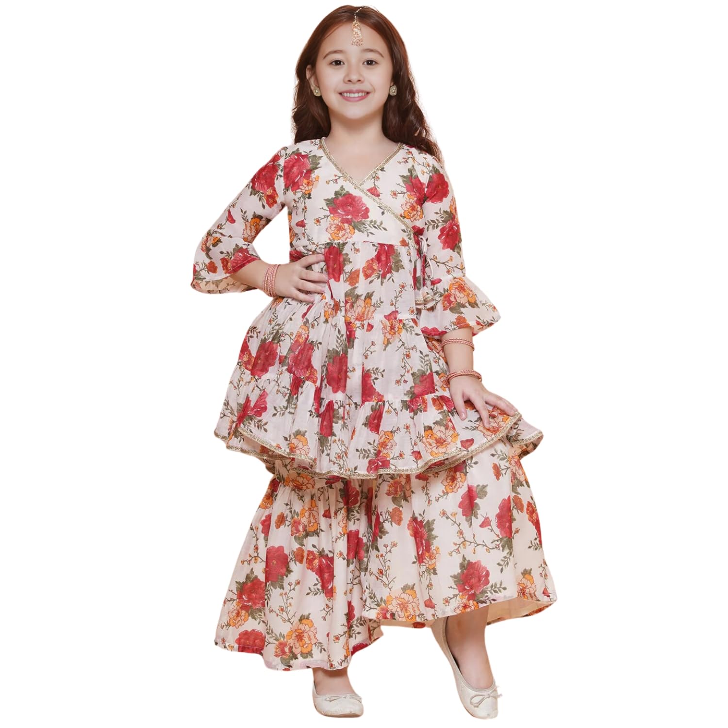 NaixaGirls Rayon Fabric Floral Printed 3/4 Sleeve Sharara Dress Set, White