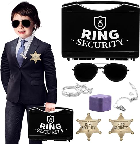Ring Security Wedding Ring Bearer Gifts Box Set Include 2 PCS Metal Ring Security Badges, 1 PCS Acoustic Earpiece Tube, 1 PCS Ring Bearer Sunglass, 1 PCS Wedding Ring Box with 2 Rings