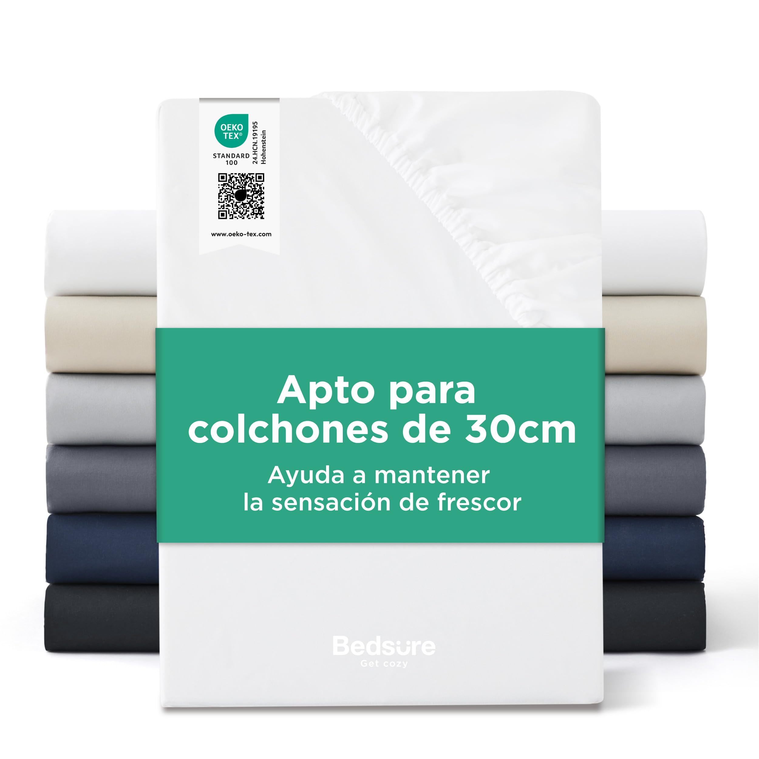 Bedsure Sabana Bajera Ajustable de 160 x 200 cm hasta 30 cm, con Certificado Öko-Tex, Microfibra Cepillada, Transpirable y de Secado Rápido, Blanco