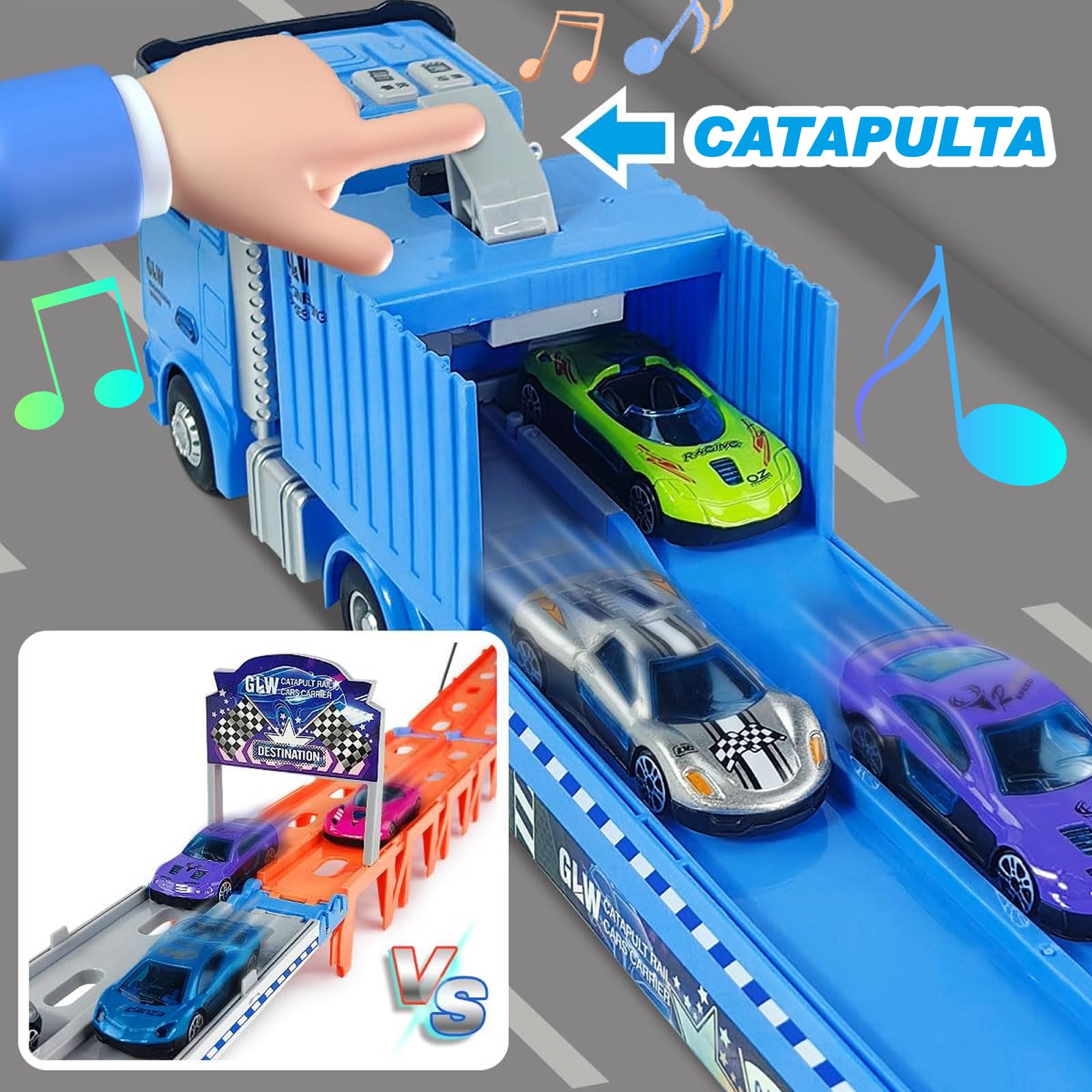 Camion Giocattolo per bambini, 201cm Pista da Trasporto Pieghevole Auto Eiettabile e 8 Auto da Corsa in Metallo, camion Porta Macchinine con Luci e Suoni, Regali per Bambini di 3 4 5 6+ Anni