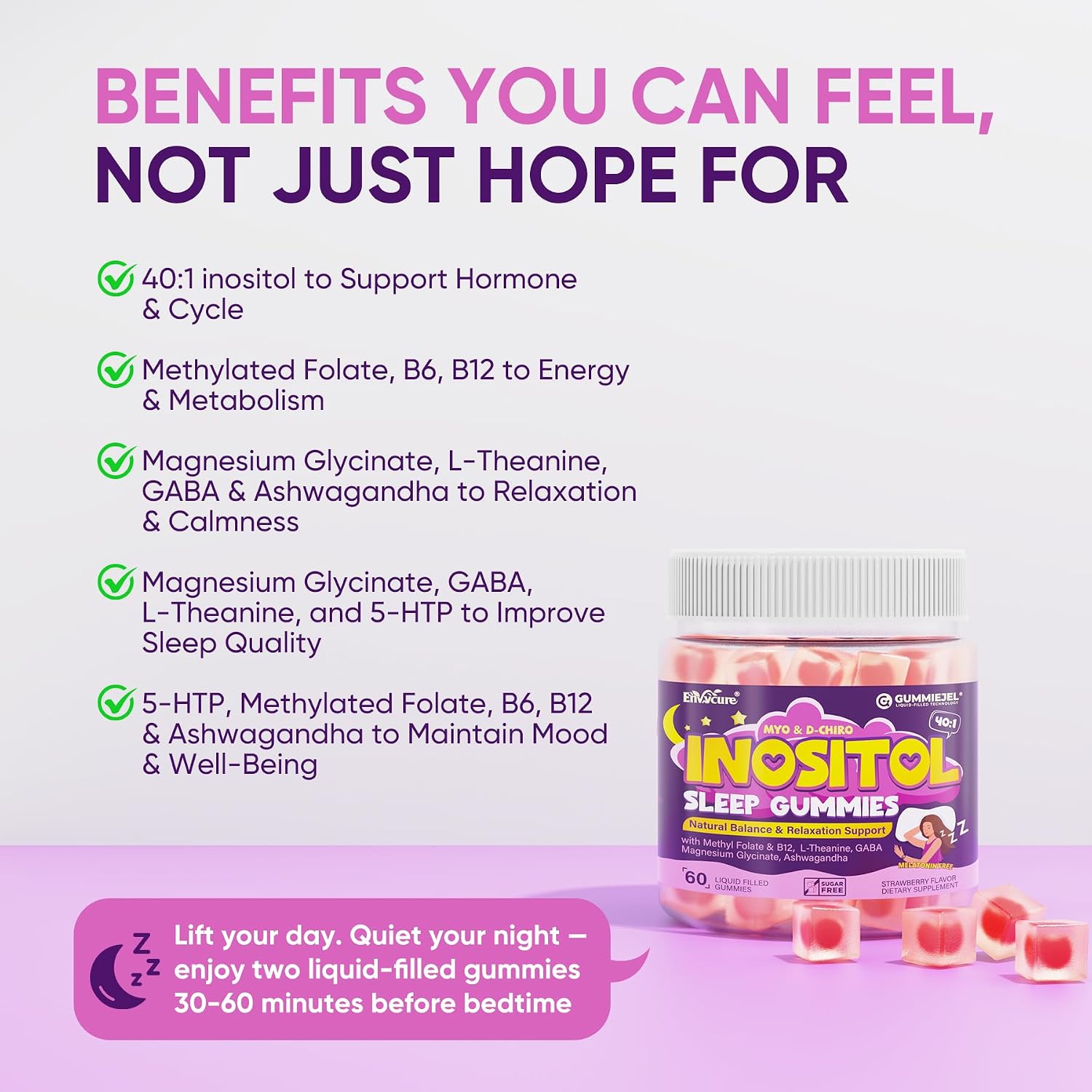 Myo-Inositol & D-Chiro Inositol Gummies for Women w/ Deep Calm Magnesium Glycinate, Ashwagandha, L-Theanine for Mood Calm Sleep, Inositol w/ Methylfolate, B12 for Hormone, Ovarian, Sugar Free, 60ct