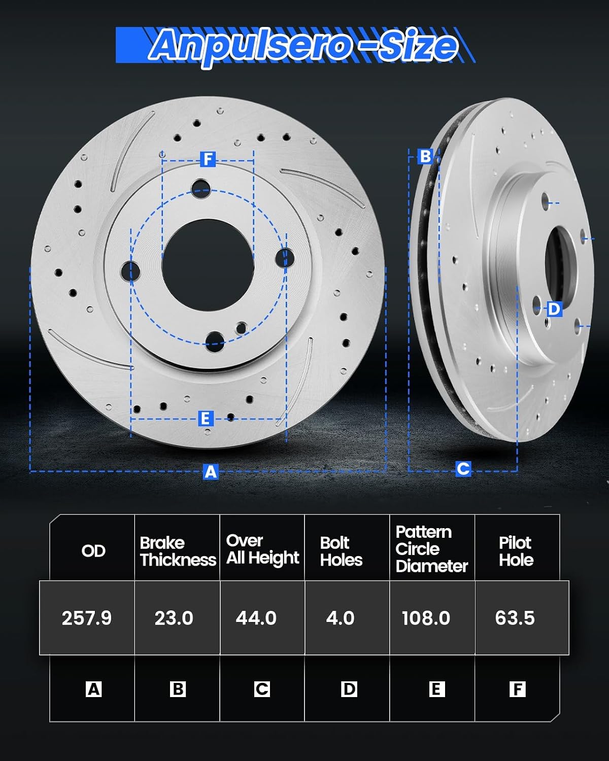 Anpulsero Front Automotive Replacement Brake Kit, Drilled and Slotted Brake Rotors Ceramic Brake Pads Compatible with 2011-2019 Ford Fiesta| Anti-Rust Geomet Coated Low Dust Noise-Free|257.9mm(10.2in)
