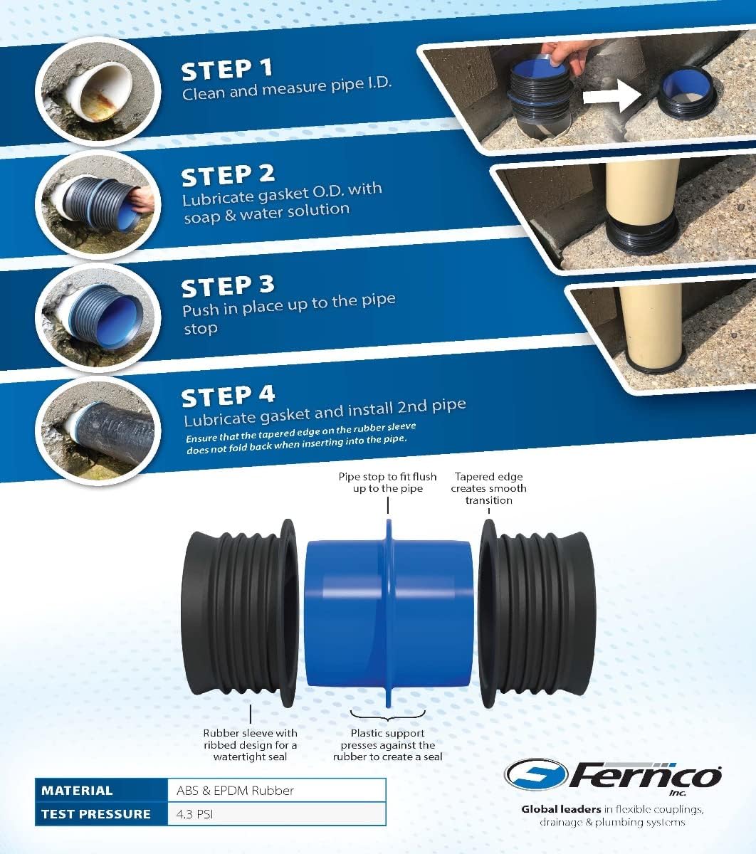 Fernco 6" ICON Pushfit DWV Internal Coupling Sheared Off Pipe Connector, Plastic, Cast Iron and Copper