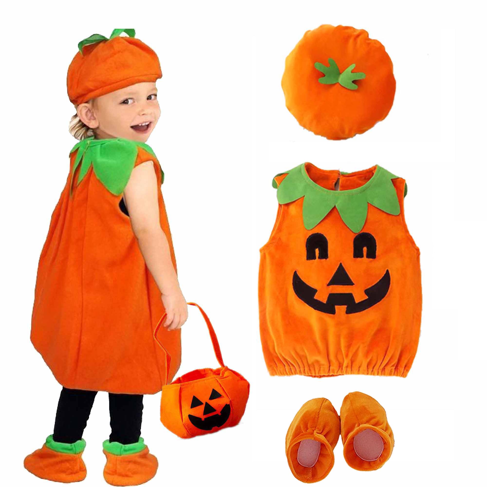 DXIA Cute Toddler Halloween Costume Set, Orange Pumpkin Costume with Hat, Clothes, Shoes and Handbag, Size M (40cm)