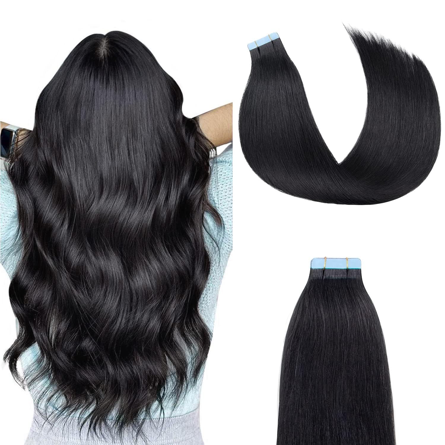 Tape in Extensions Echthaar 55 cm 20 Stück 50 g Nahtlos Dünn #1 Schwarz